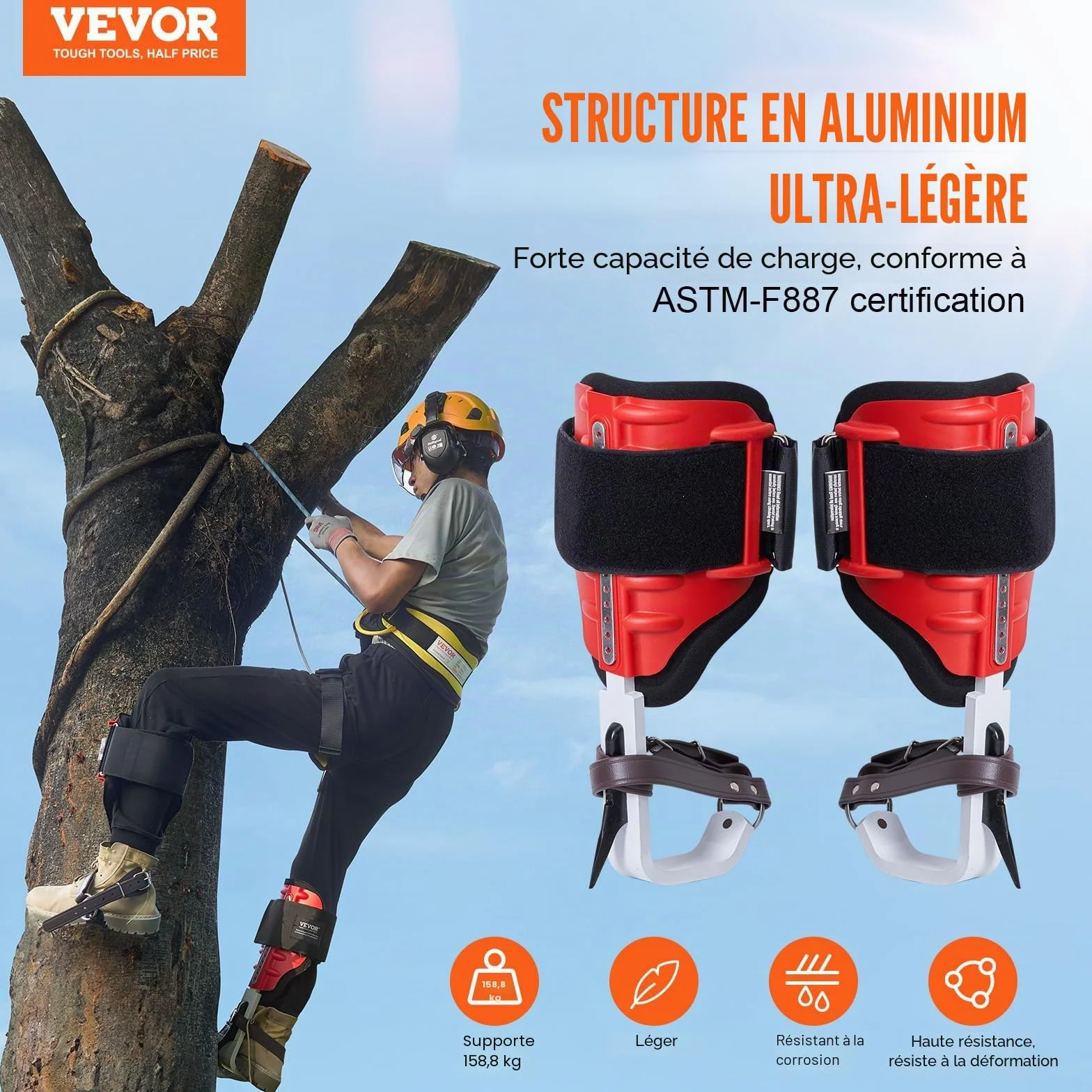 VEVOR Éperons d'escalade réglables en hauteur, capacité 158,8 kg, équipement d'arboriste