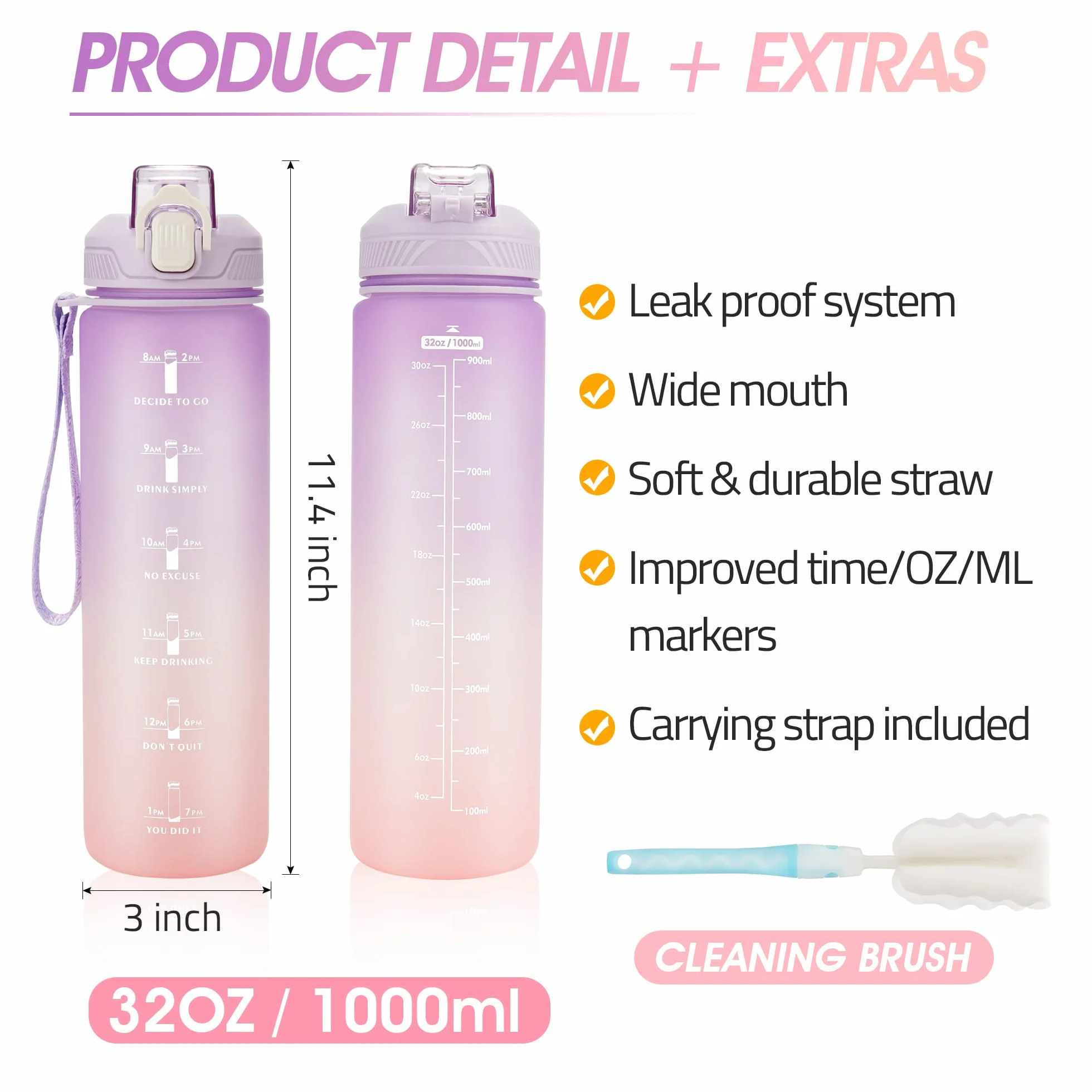 Gourde Sport 1L Bouteille d'eau étanche sans BPA pour Fitness Gym Plein Air