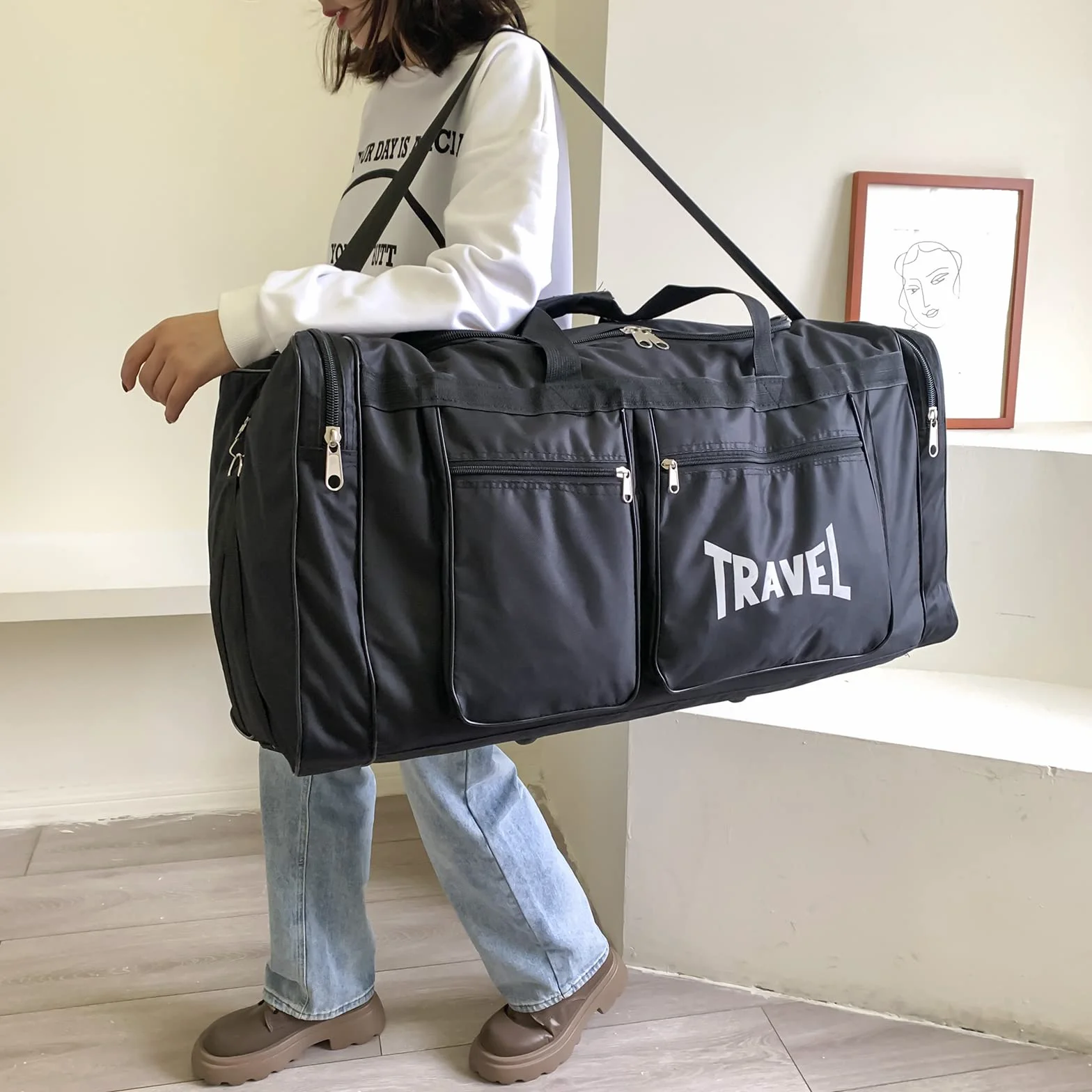 Sac Molleton Polochon De Voyage Pliable 100L, Imperméable, Compartiment à Chaussures, Noir