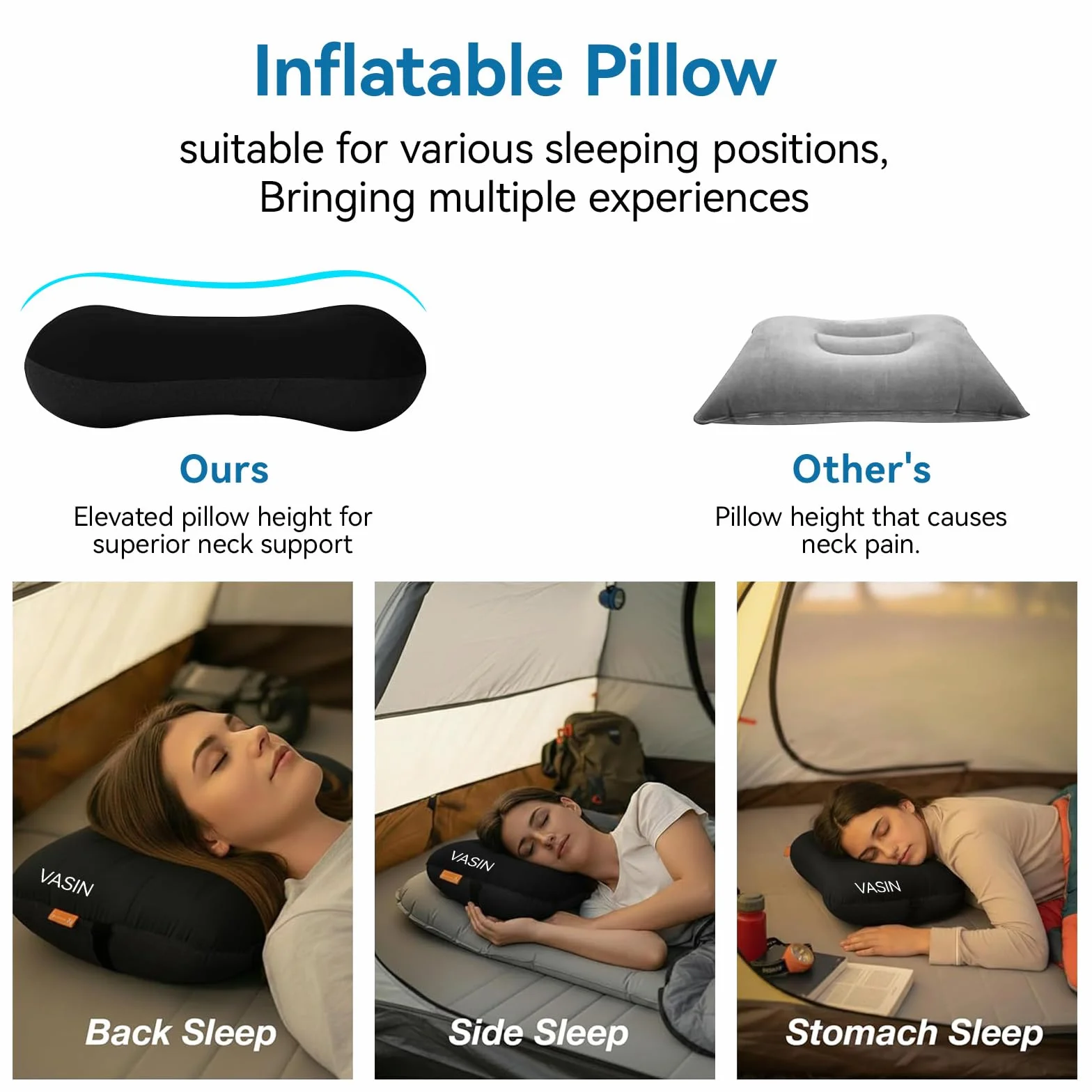 VASIN Oreiller Gonflable Camping 2 Pièces Portable Voyage Ultra Légers Ergonomie Coussin Plage Facile à Gonfler