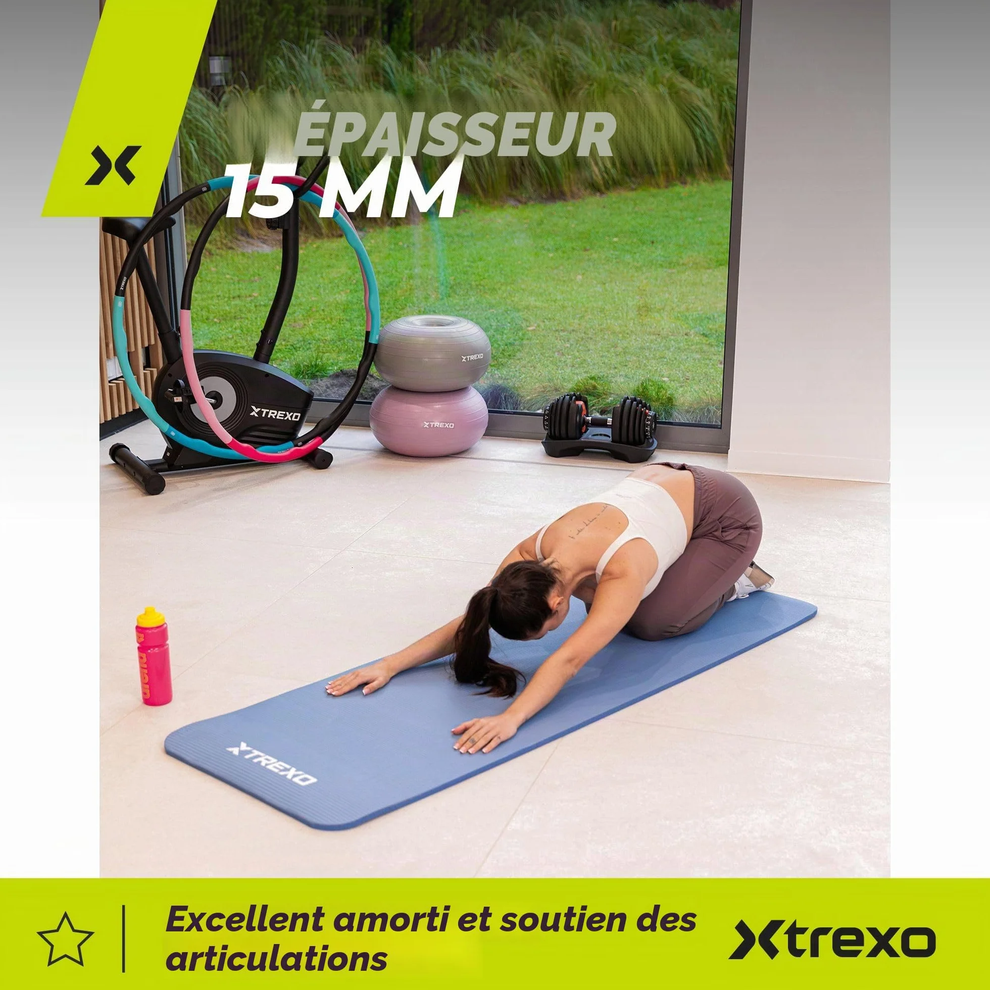 TREXO Tapis d'Exercice en NBR 183 x 61 cm 15 mm Épaisseur Antidérapant avec Sangle