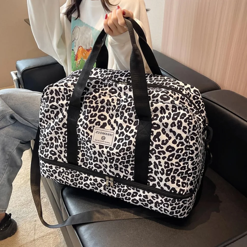 Sac de Sport Femme Grand 42.43L Compartiment Chaussures Poche Humide Voyage Léopard Imperméable Noir