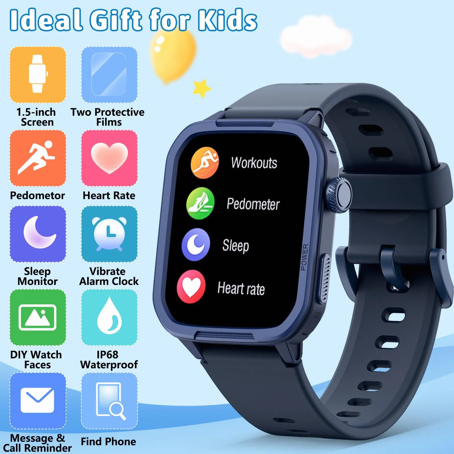 Montre connectée enfant 1.5" podomètre 19 modes entraînement fréquence cardiaque suivi sommeil étanche cadeau filles garçons 6-15 ans bleu