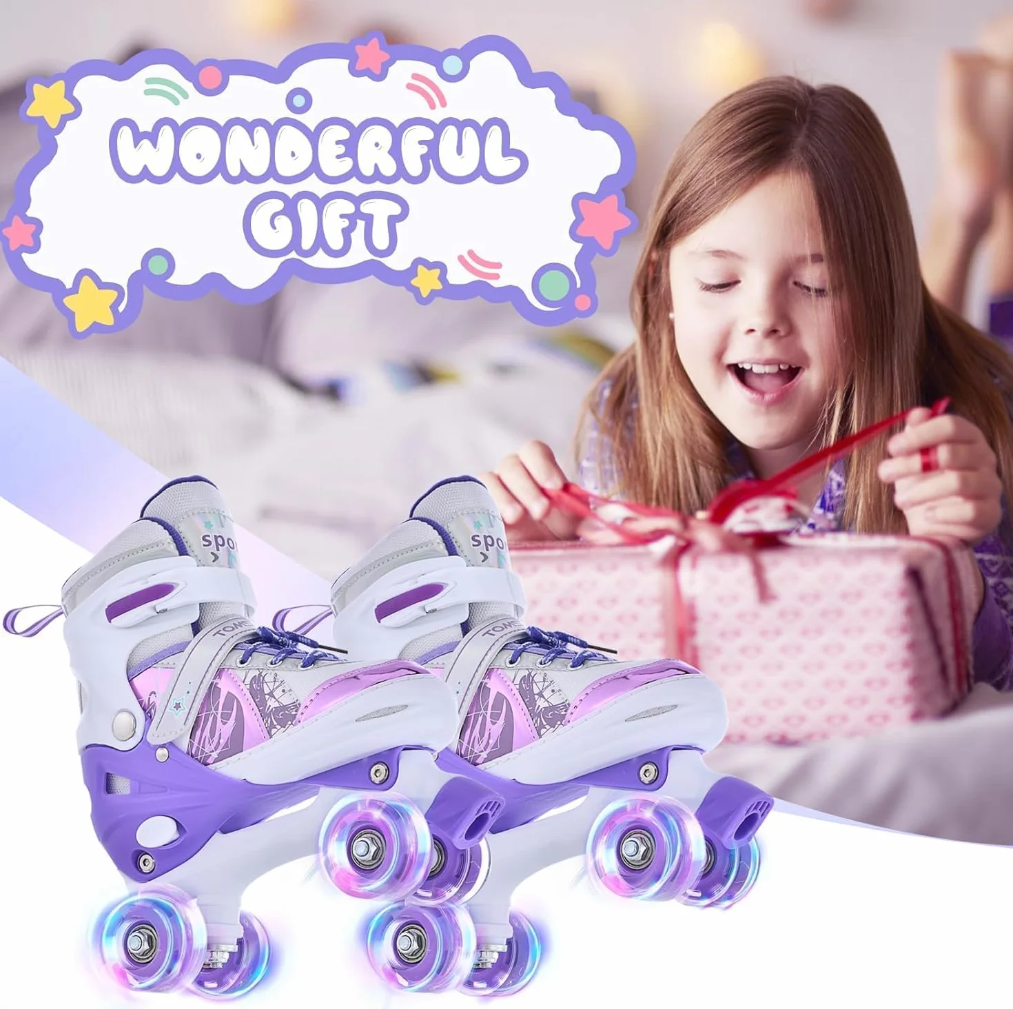 TOMSHOO Patins à roulettes Fille, Roller Enfant LED Lumineuse Roues, Rollers Quad Taille Réglable