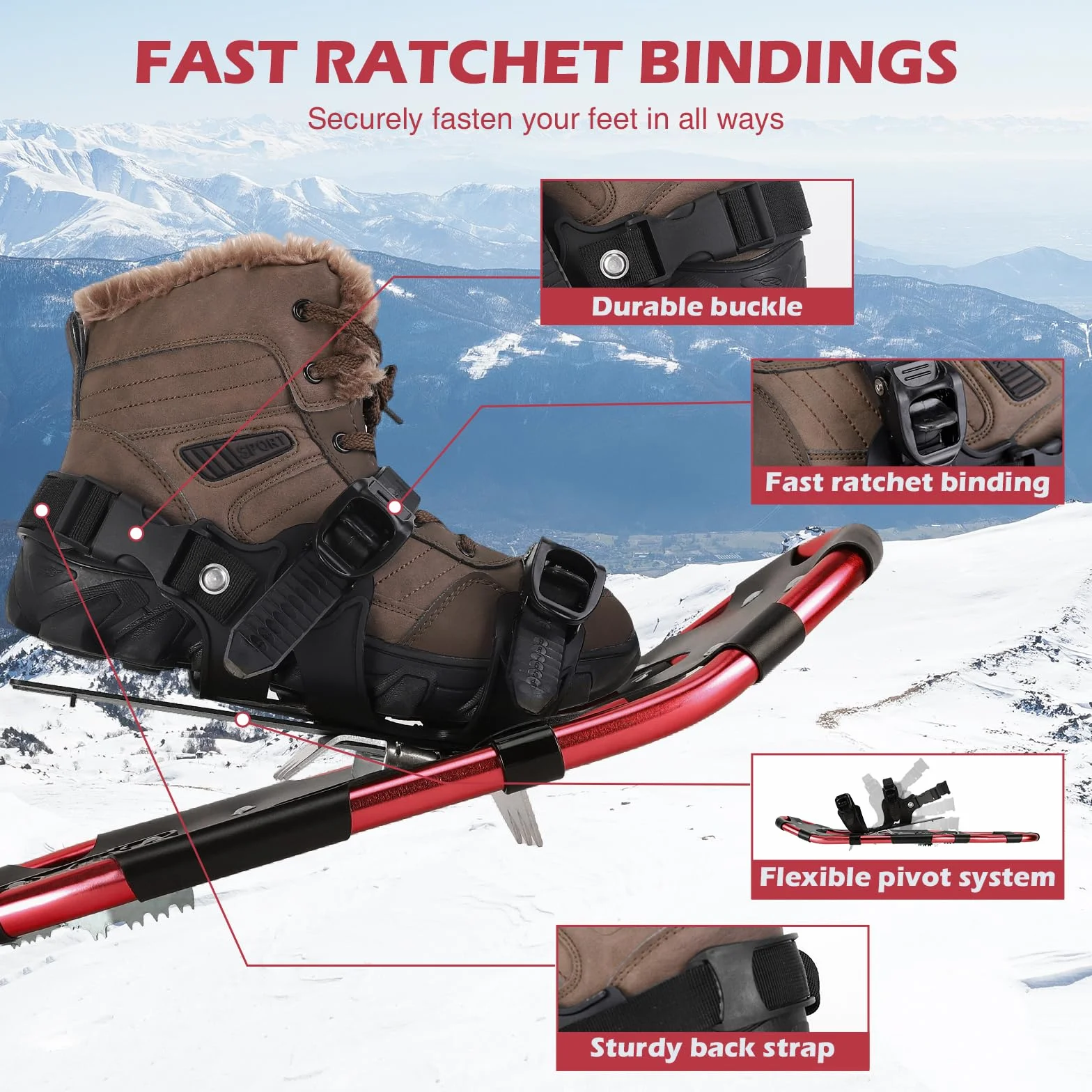 Raquettes à Neige 4 en 1 Aluminium Légères avec Bâtons Réglables Guêtres Imperméables Sac de Transport 53cm 63cm 76cm
