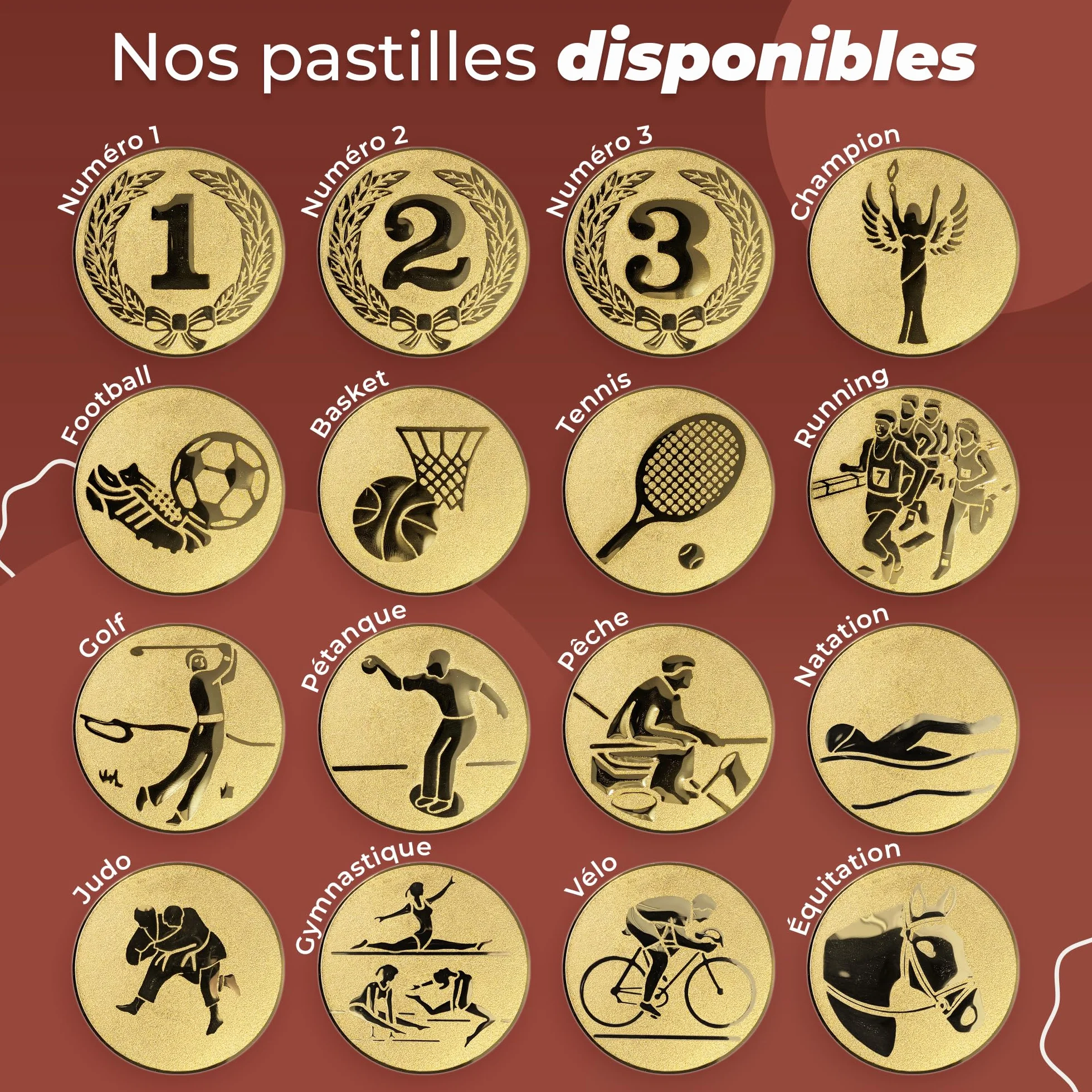 Médaille personnalisée or gravée 7 cm ruban France récompense sport concours