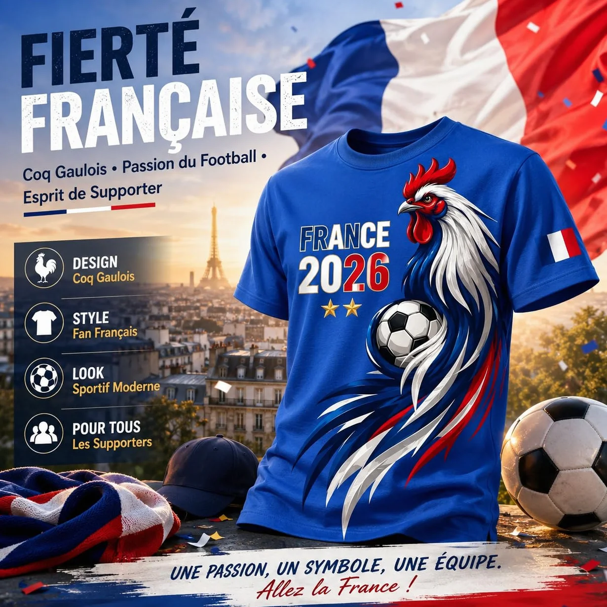 Maillot France 2026 Homme – Maillot de Foot France avec Coq Gaulois, Haut Décontracté Fan Respirant