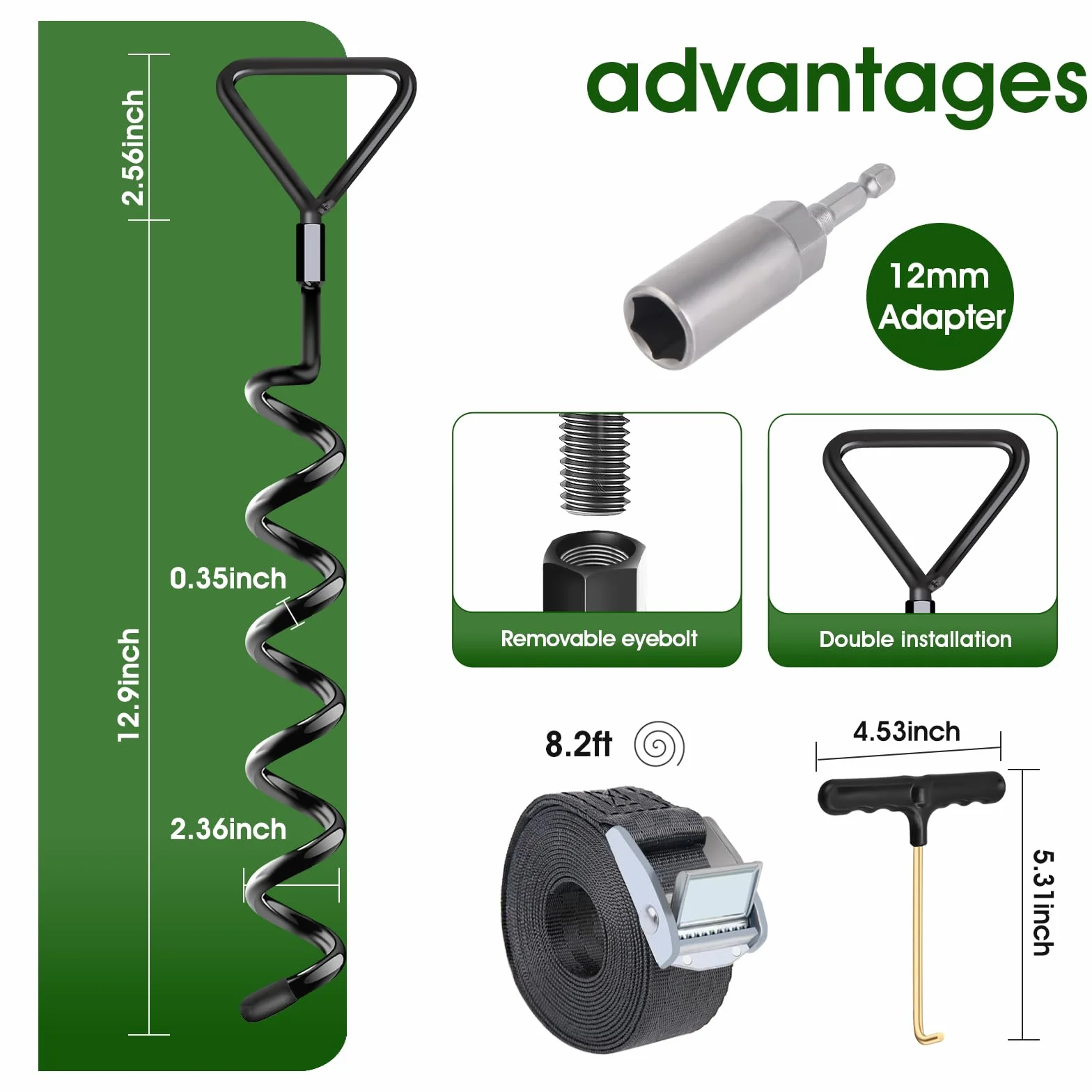 Lot de 4 piquets d'ancrage au sol pour trampoline Heavy Duty à visser avec sangles