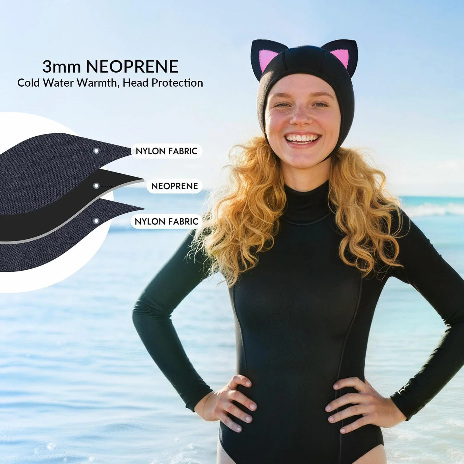 Cagoule plongée néoprène avec oreilles chat pour combinaison thermique homme femme surf apnée évent