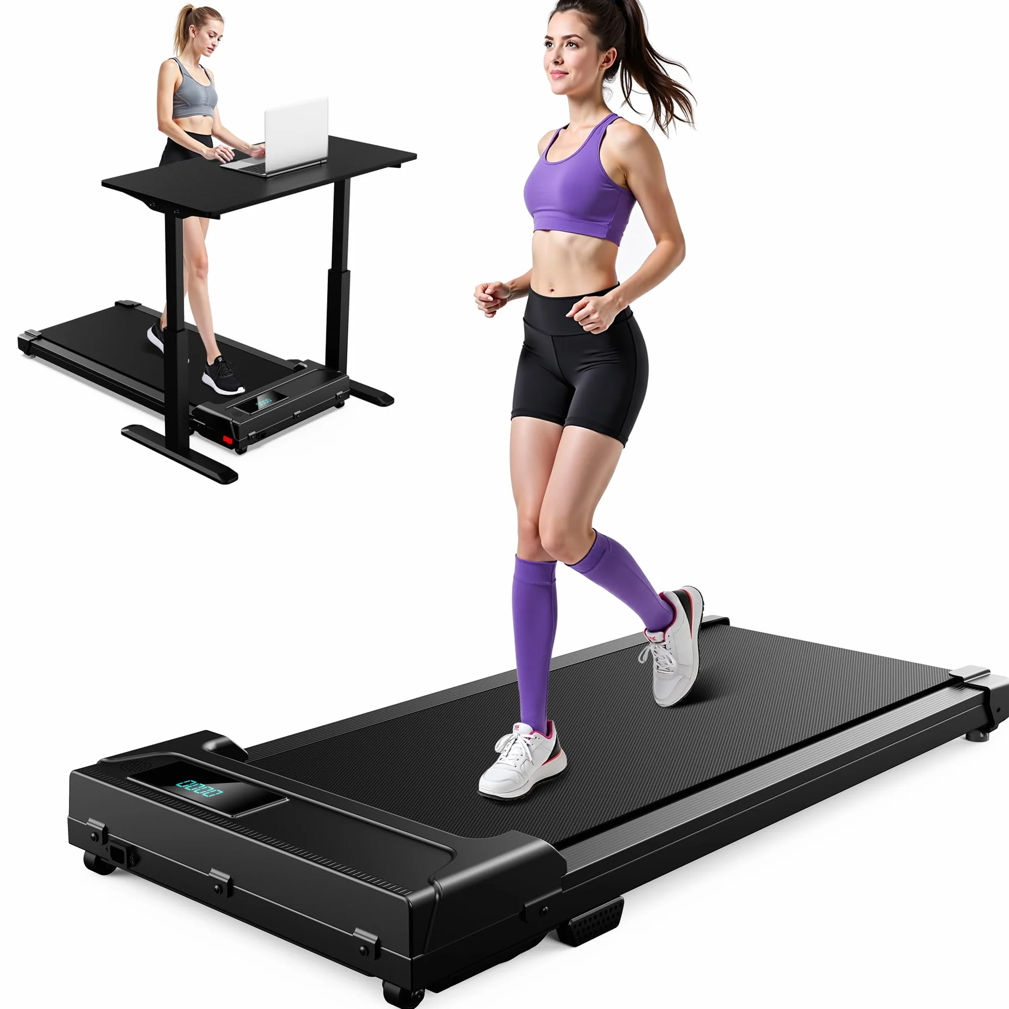 Tapis de Course Électrique 3 en 1 Walking Pad Compact avec LED et Télécommande, Tapis Roulant Silencieux pour Maison