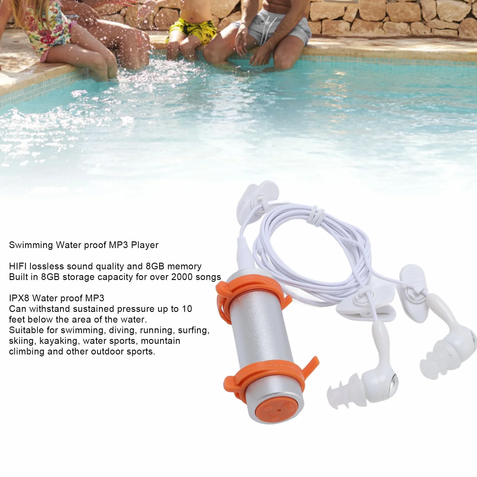 Lecteur MP3 Étanche IPX8 8 Go Baladeur sous-Marin avec Écouteurs Étanches Coque Aluminium