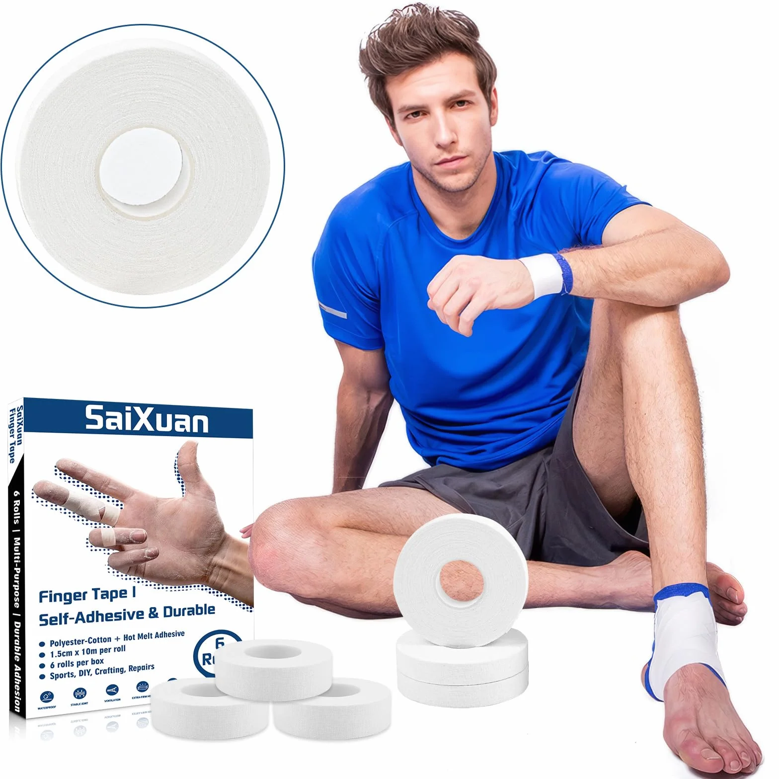 Tape pour Doigts Antidérapante Pack de 6 Strap Doigt 1,5 cm x 10 m pour Grip Tattoo Escalade Volleyball Basket-Ball Handball Blanc