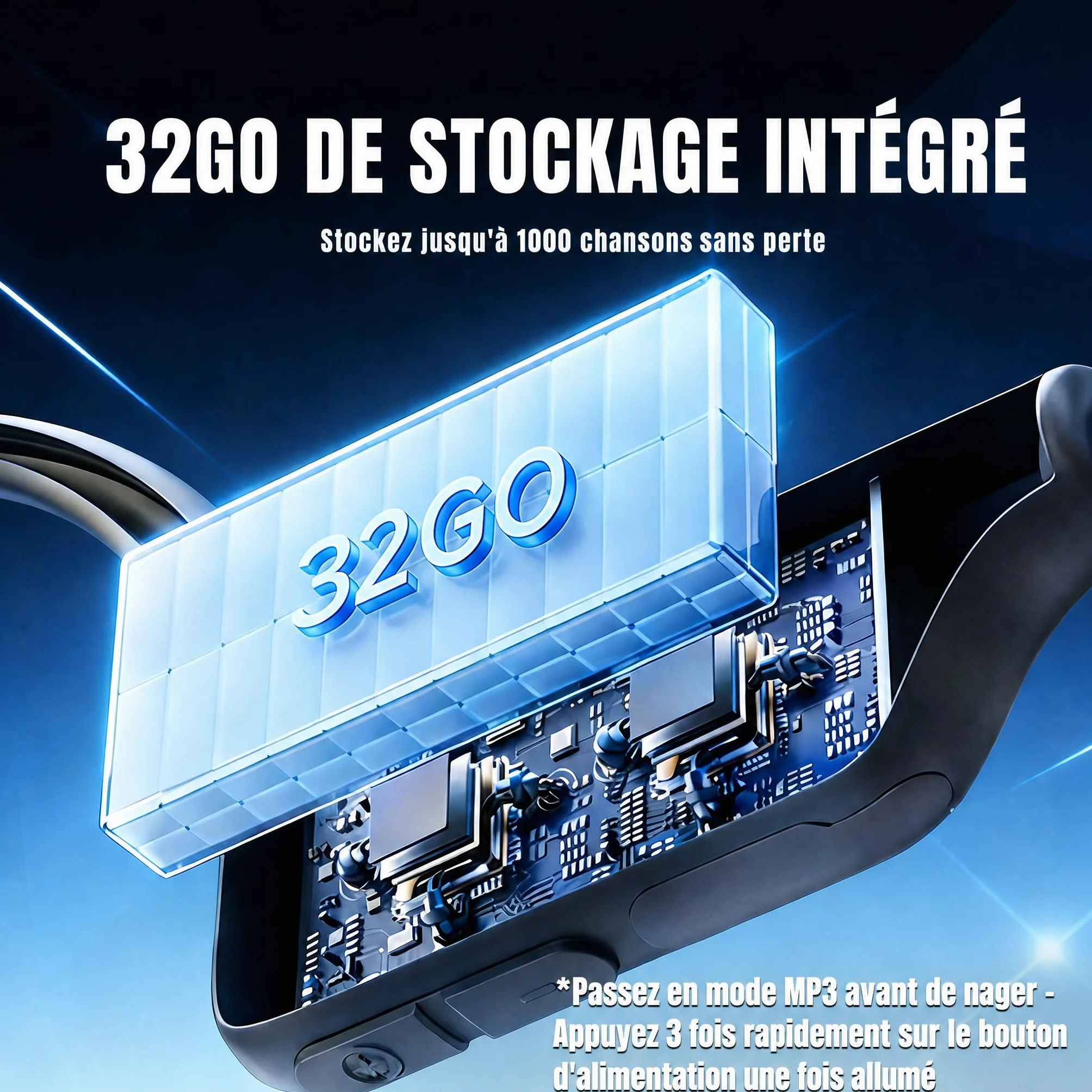 Écouteurs Natation Bluetooth 6.0 IPX8 Sans Fil MP3 32 Go Mémoire Intégrée 8 Heures Jeu Sportif Noir