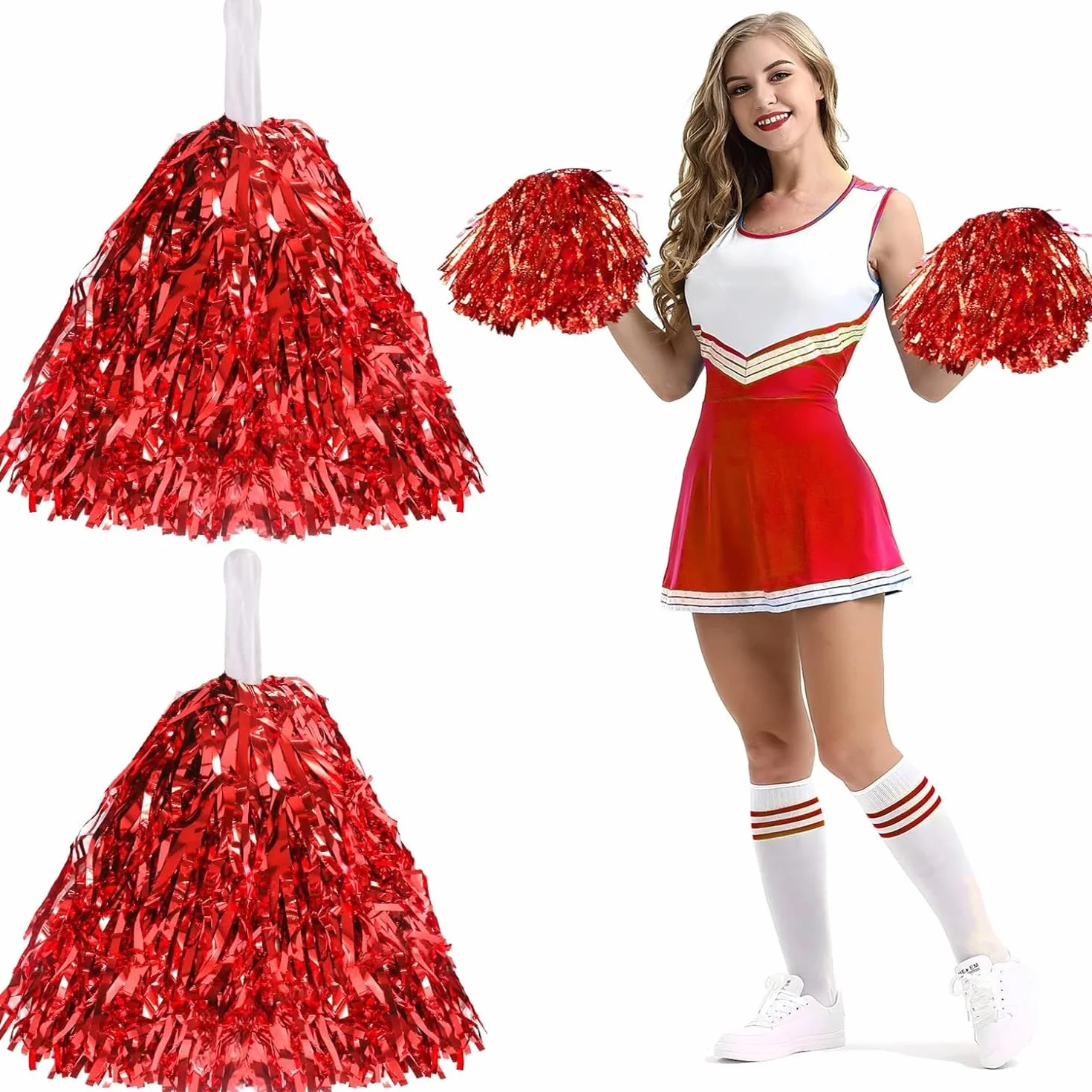 Lot de 2 pompons de pom-pom girl avec poignée rouge pour jeux de ballon, danse, fête