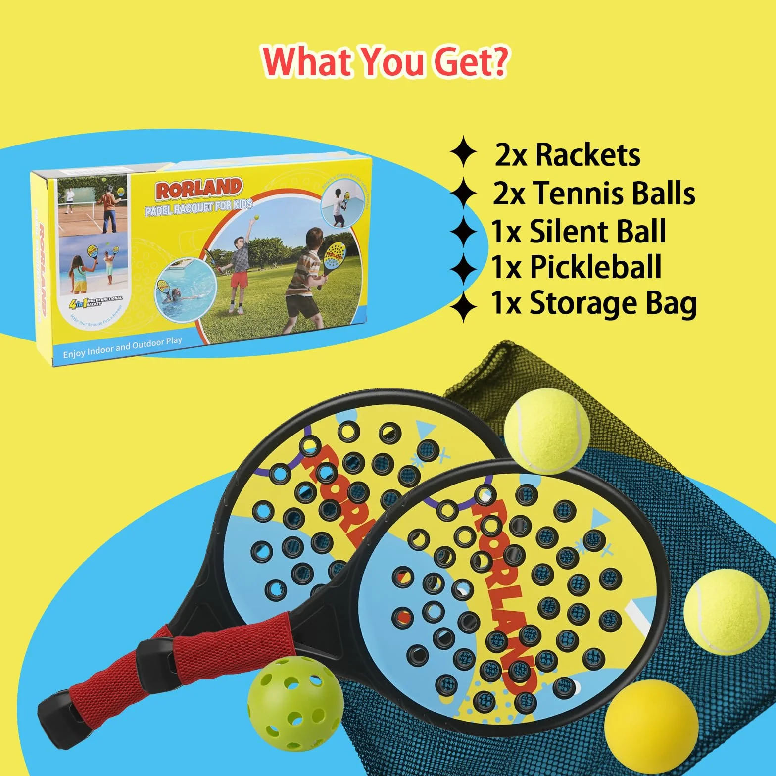Smartwo Set de raquettes de padel pour enfants, raquettes légères débutants 6+ ans, 2 raquettes et 4 balles