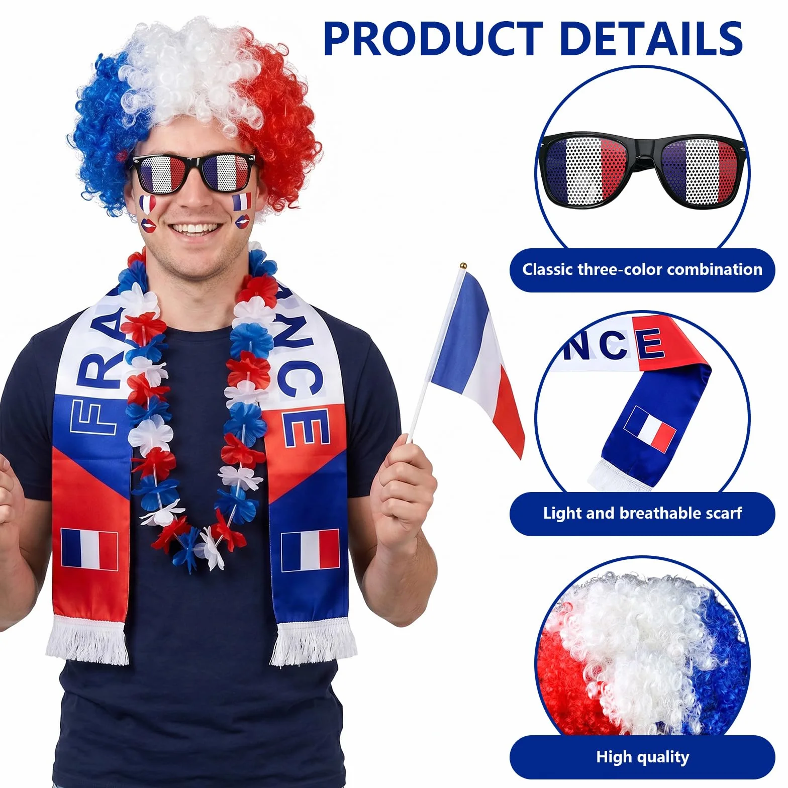 Kit Supporter France Coupe du Monde 2026 Football Accessoire Bandeau Écharpe Perruque Tatouages Temporaires Lunettes Collier de Fleurs Drapeau à Main
