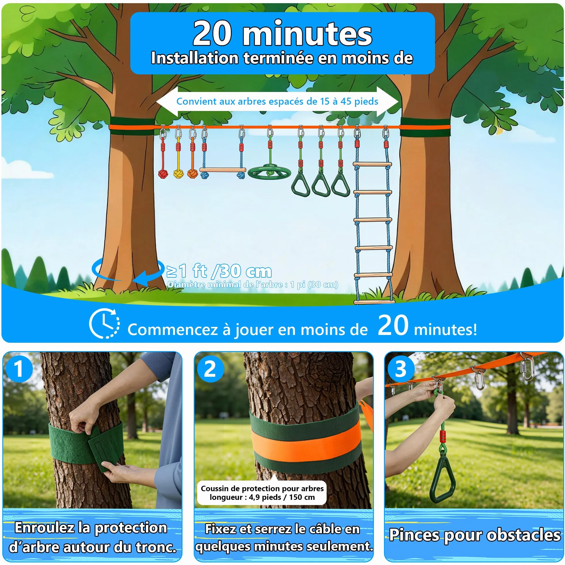 Slackline Kit pour Enfants 15M Ninja Parcours d'obstacles avec Échelles et Accessoires