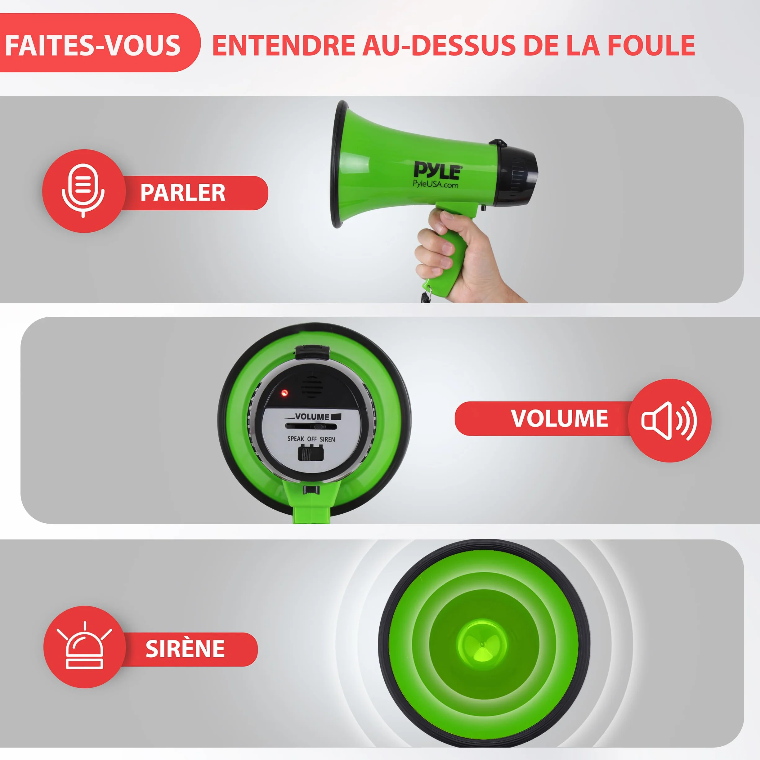 Pyle Mégaphone Portable 20W avec Sirène, Microphone, 2 Modes, Poignée Pliante - Vert