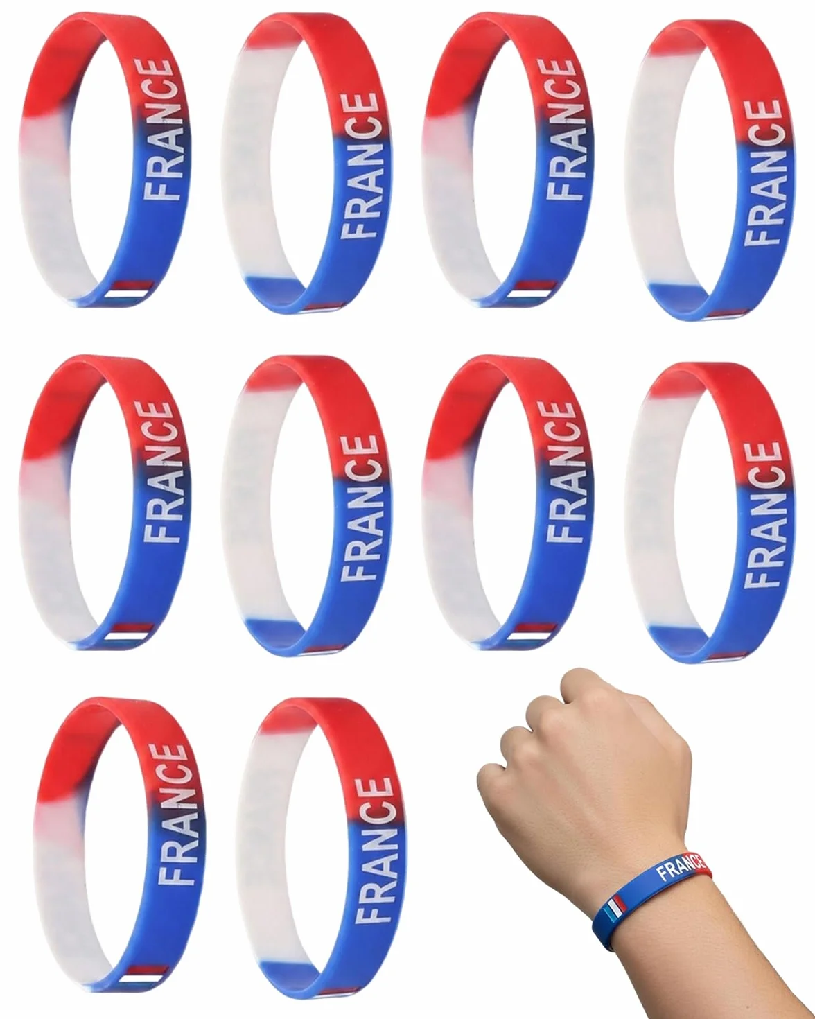 Bracelet Supporter France Lot de 10 Silicone Élastique Bleu Blanc Rouge CDM 2026
