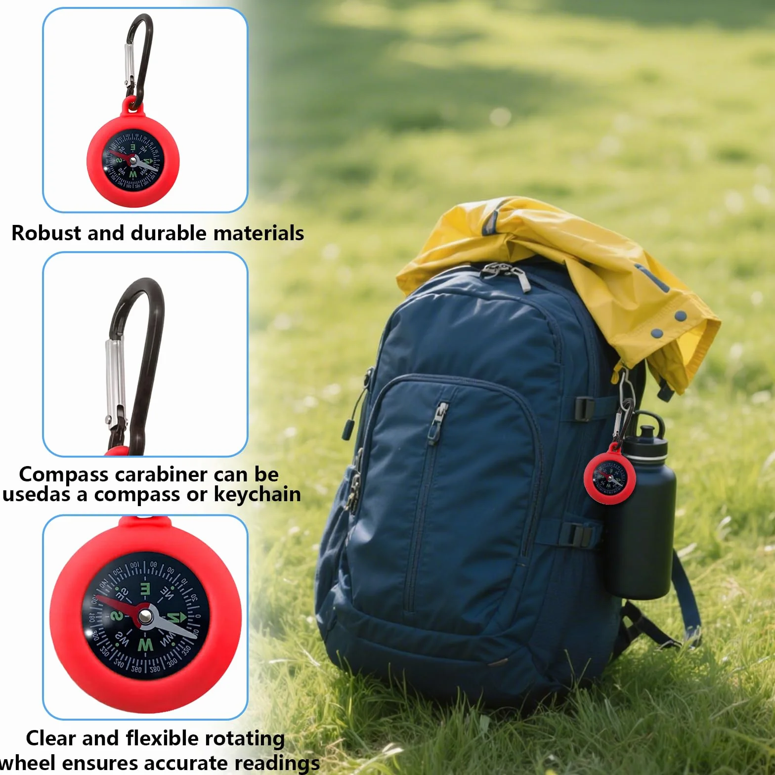 Boussole 2 en 1 avec Mousqueton 6 Pièces, Mini Boussole de Camping Multicolore pour Randonnée Enfants, Porte-Clés Étanche