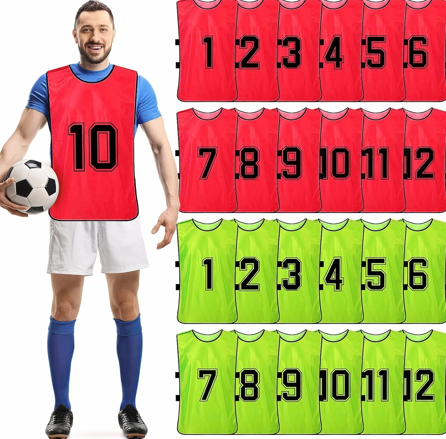 Gilet d'entraînement pour combat Football Basketball Dossards réversibles numérotés 24 pièces
