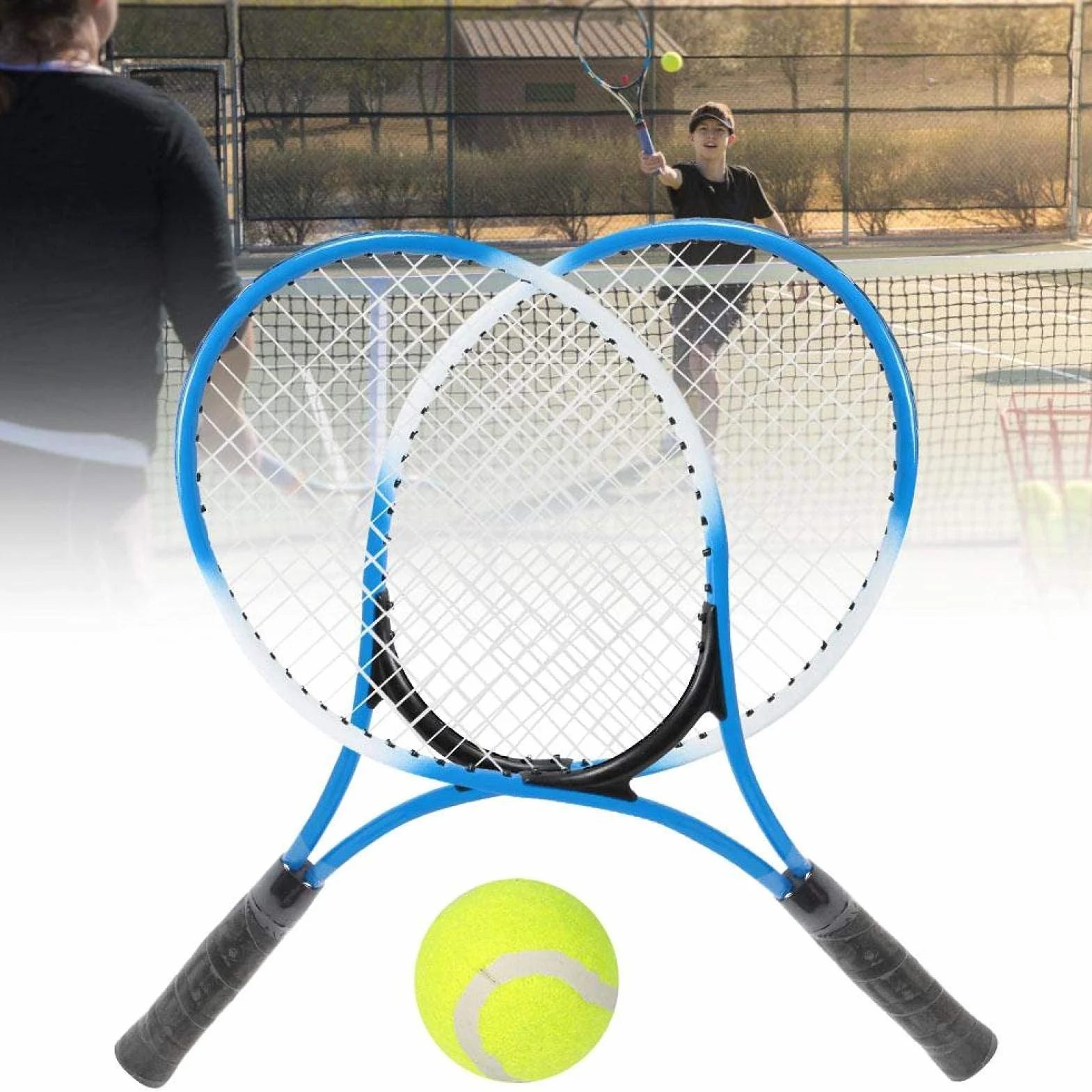 Raquette de Tennis Enfants Alliage de Fer Kit Démarrage Débutant avec Balle et Sac de Transport Bleu