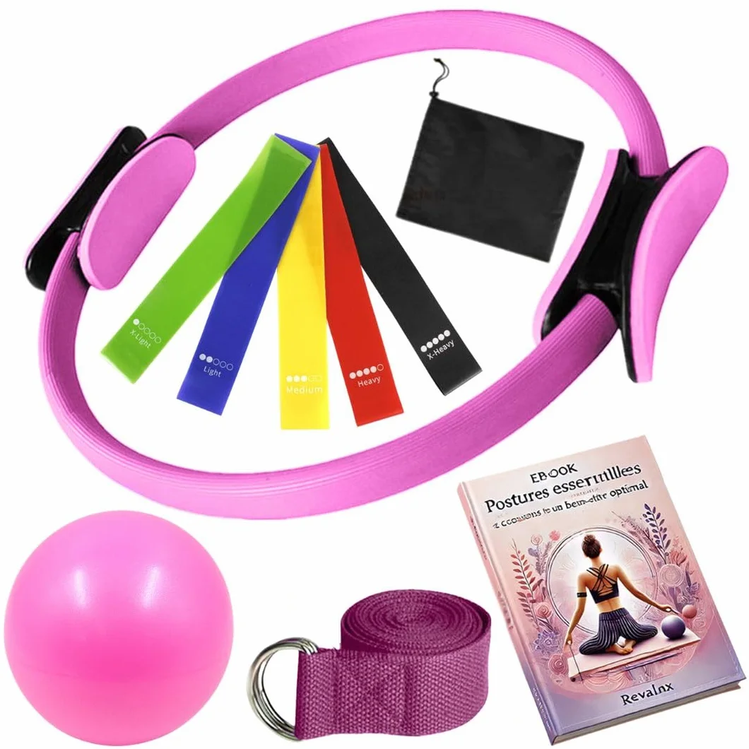 Kit Pilates Maison 8pcs, Anneau de Pilates, Ballon de Yoga, Bandes de Résistance, Sangle, Accessoires Pilates
