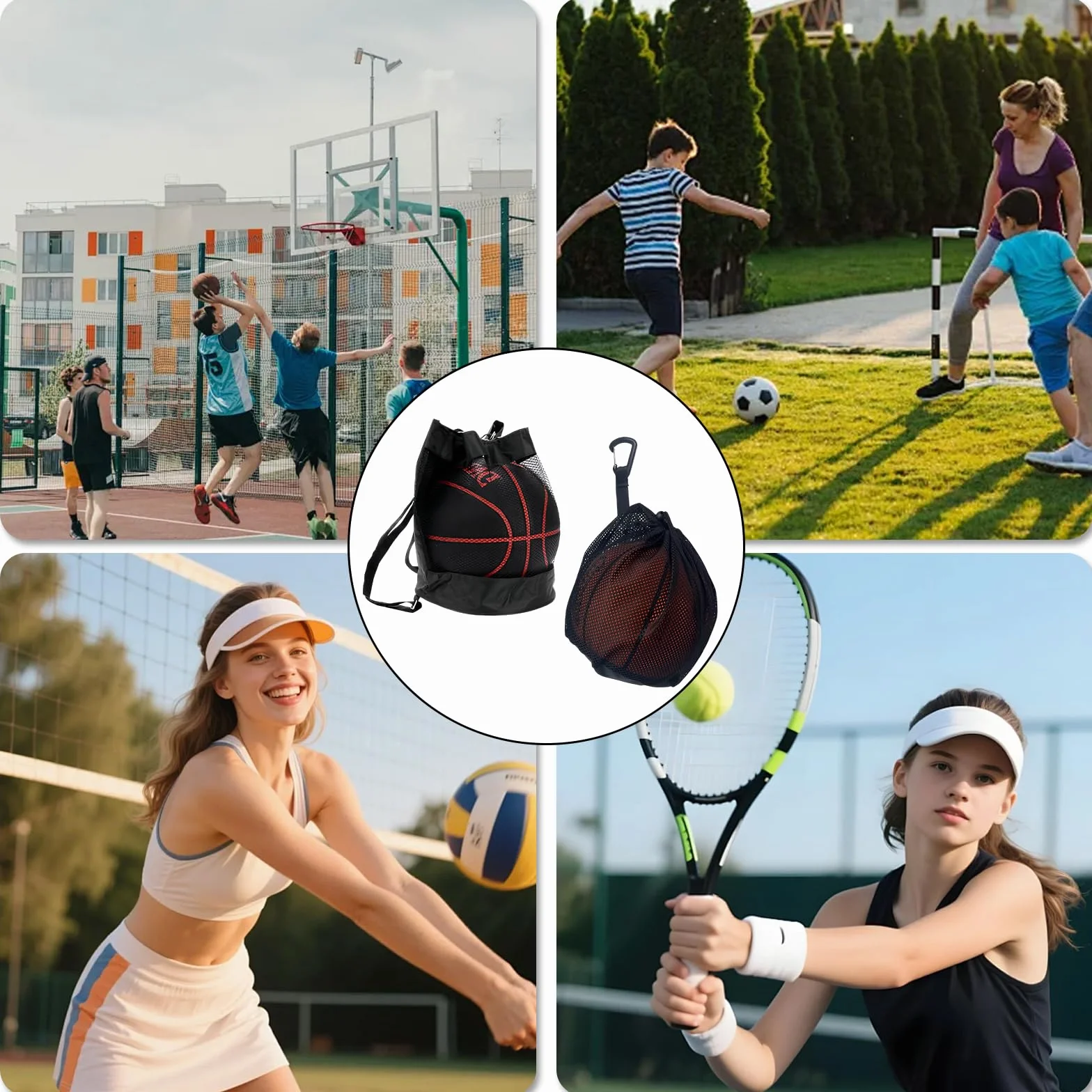 Lot de 2 sacs de basket-ball - Sac de ballon avec cordon de serrage - Sac en filet portable grande capacité