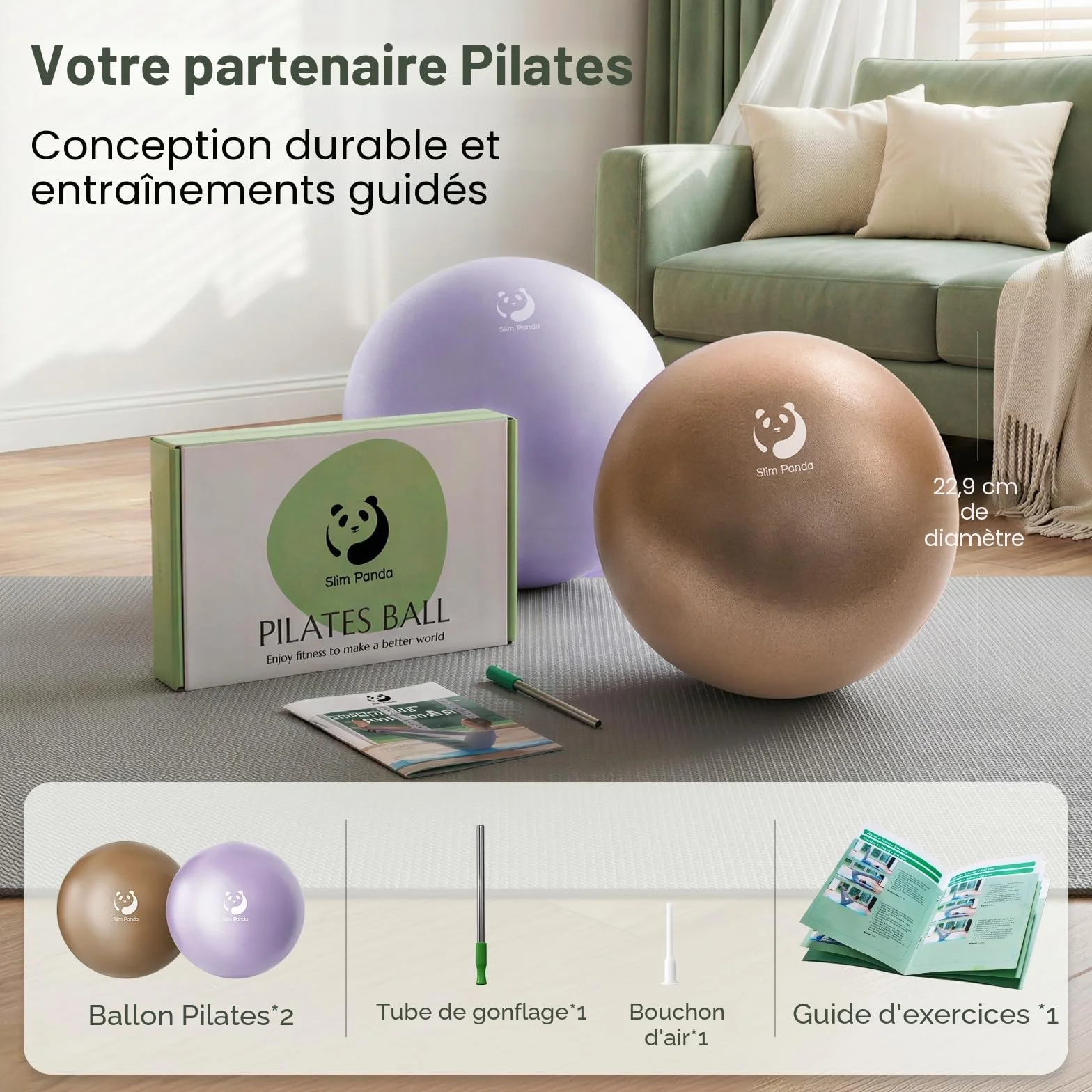 Slim Panda Ballon Pilates Petite 23 cm Anti-Slip Ballon de Gymnastique avec Paille de Gonflage