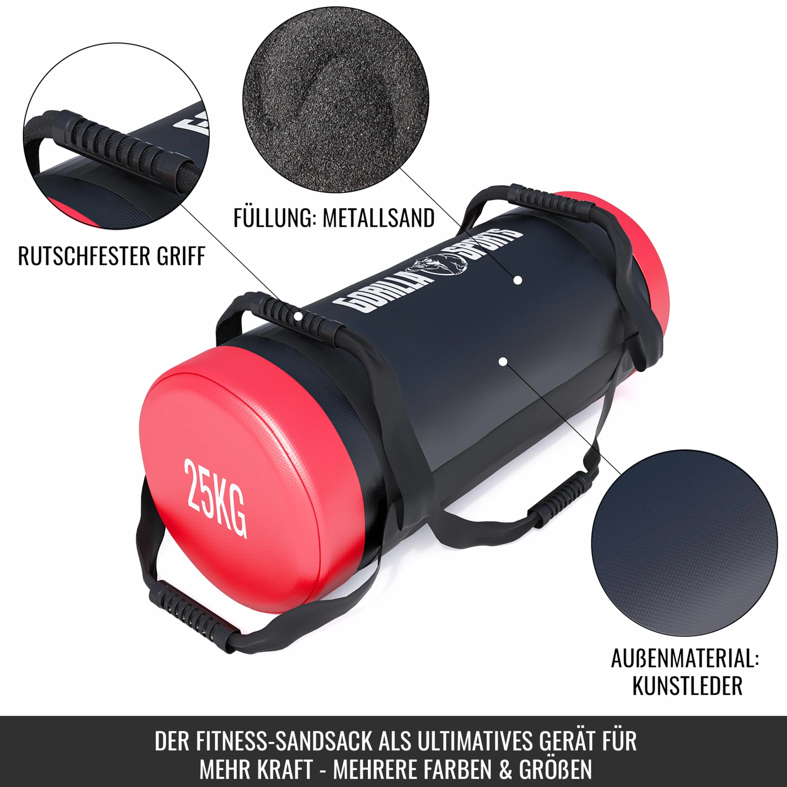 Gorilla Sports Power Bag 30 kg, Rempli, 6 Poignées Antidérapante, Similicuir, Sac de Sable Musculation