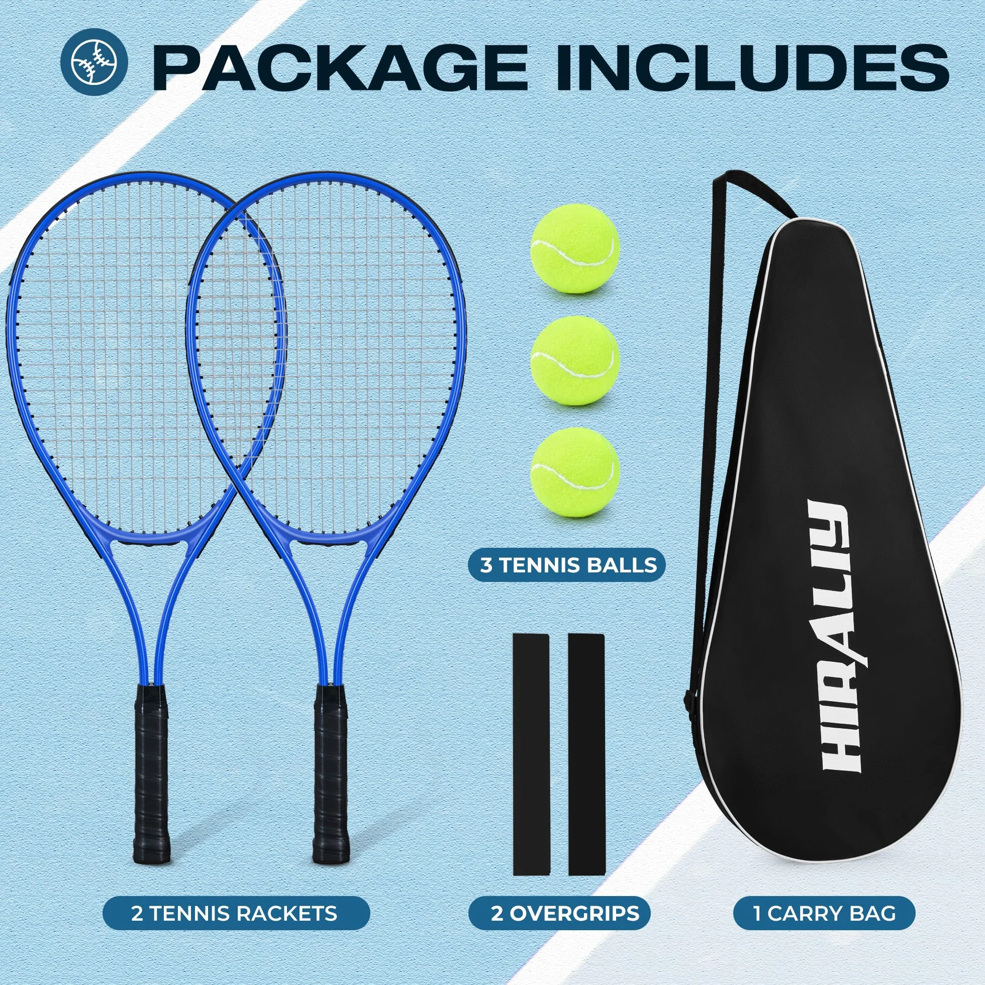 HIRALIY Ensemble de Raquettes de Tennis 68,6 cm pour Adultes, 2 Raquettes Pré-cordées, 2 Bandes, 3 Balles, Sac