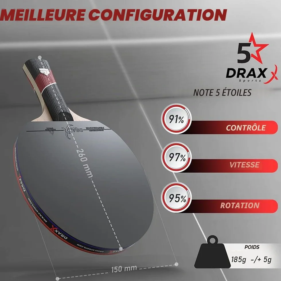 Raquette de Ping-Pong Carbone 5 Étoiles, Éponge 2mm, Légère et Rapide