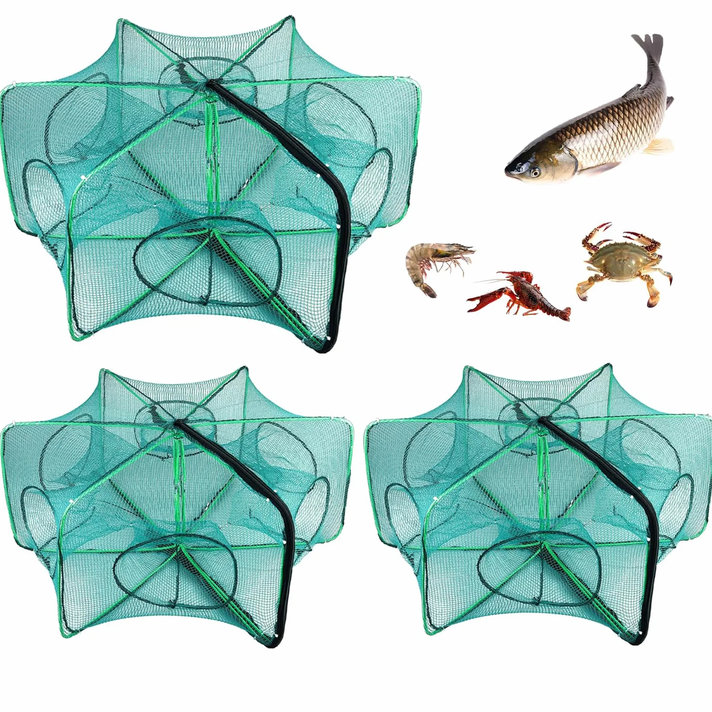 Piège à Poisson Pliable Nylon 3 Pcs Portable pour Pêche Écrevisses Crabes