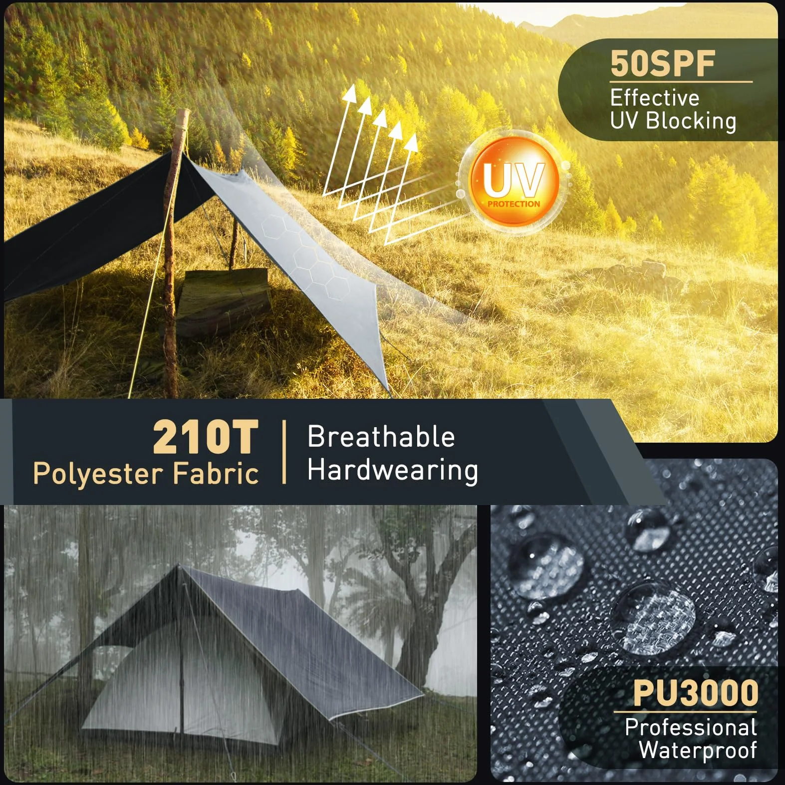 Bâche Anti-Pluie Imperméable Anti-UV 3x3M 3x5M Camping Toile de Tente