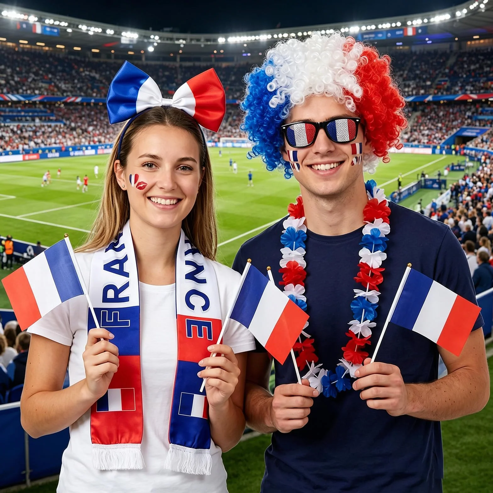 Kit Supporter France Coupe du Monde 2026 Football Accessoire Bandeau Écharpe Perruque Tatouages Temporaires Lunettes Collier de Fleurs Drapeau à Main