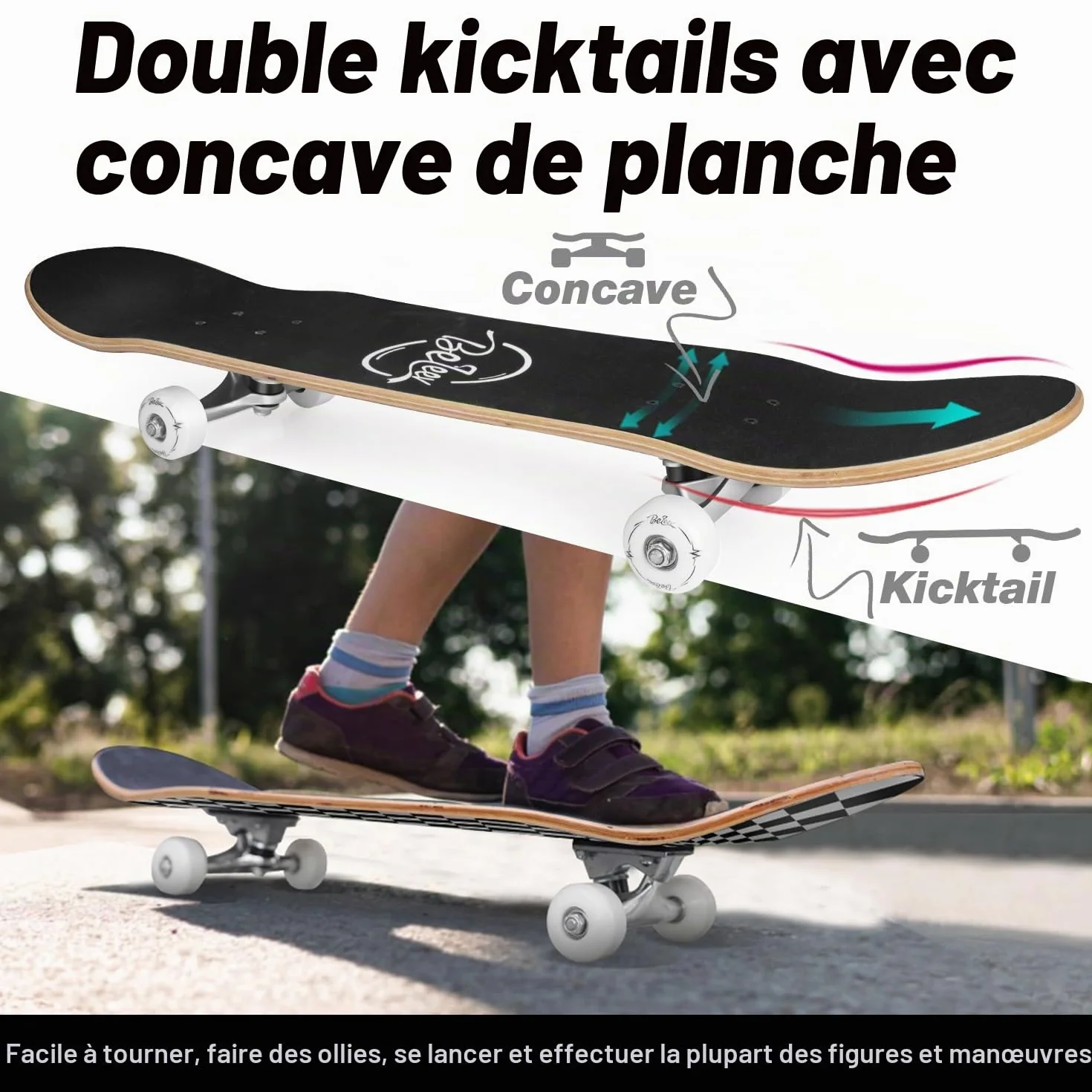 BELEEV Skateboard 31x8 Complet Cruiser Débutants Enfants Adulte Érable Canadien 7 Couches Double Plateau Concave Outil en T