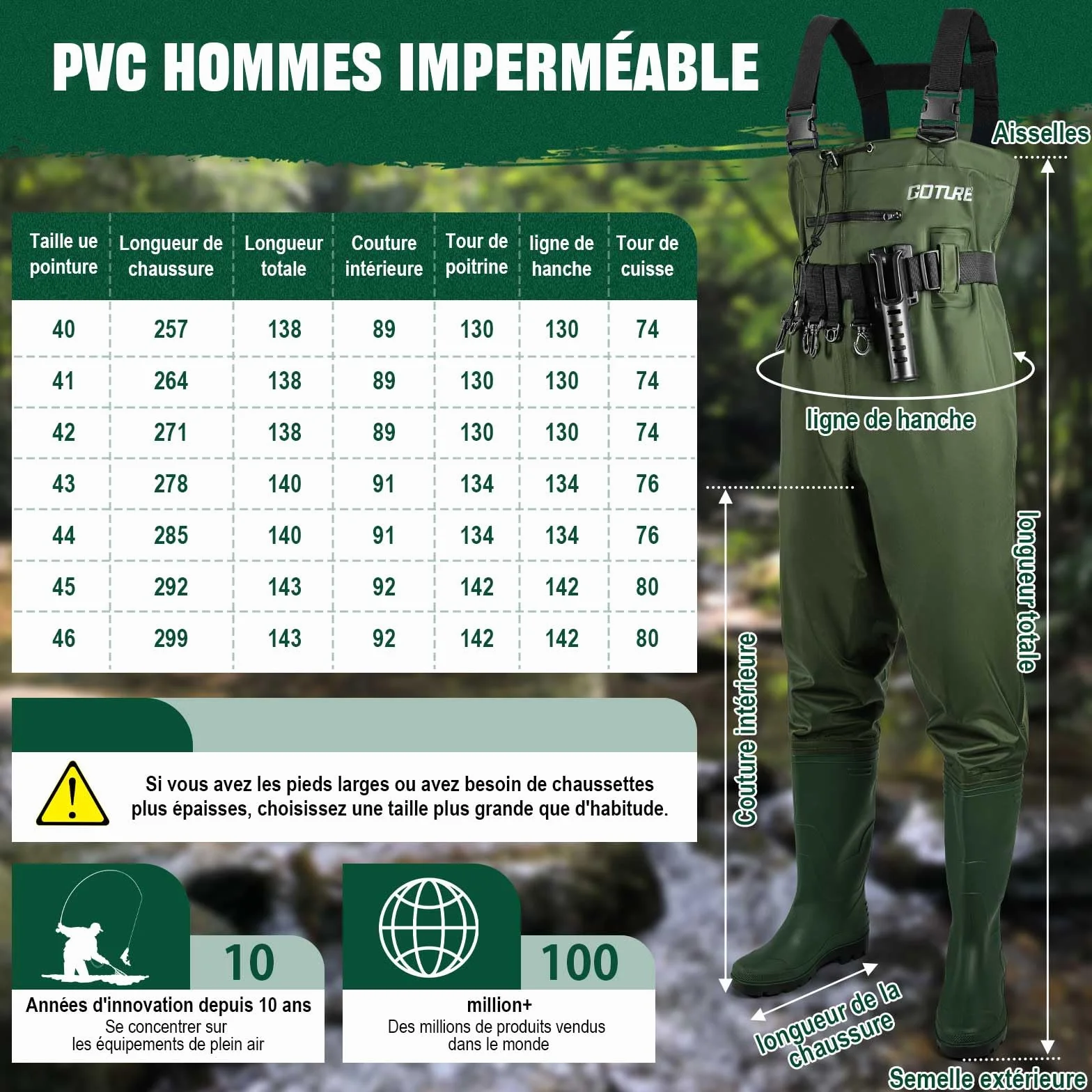 Goture Waders Pêche Homme 70D Nylon étanches avec Poche, Vert