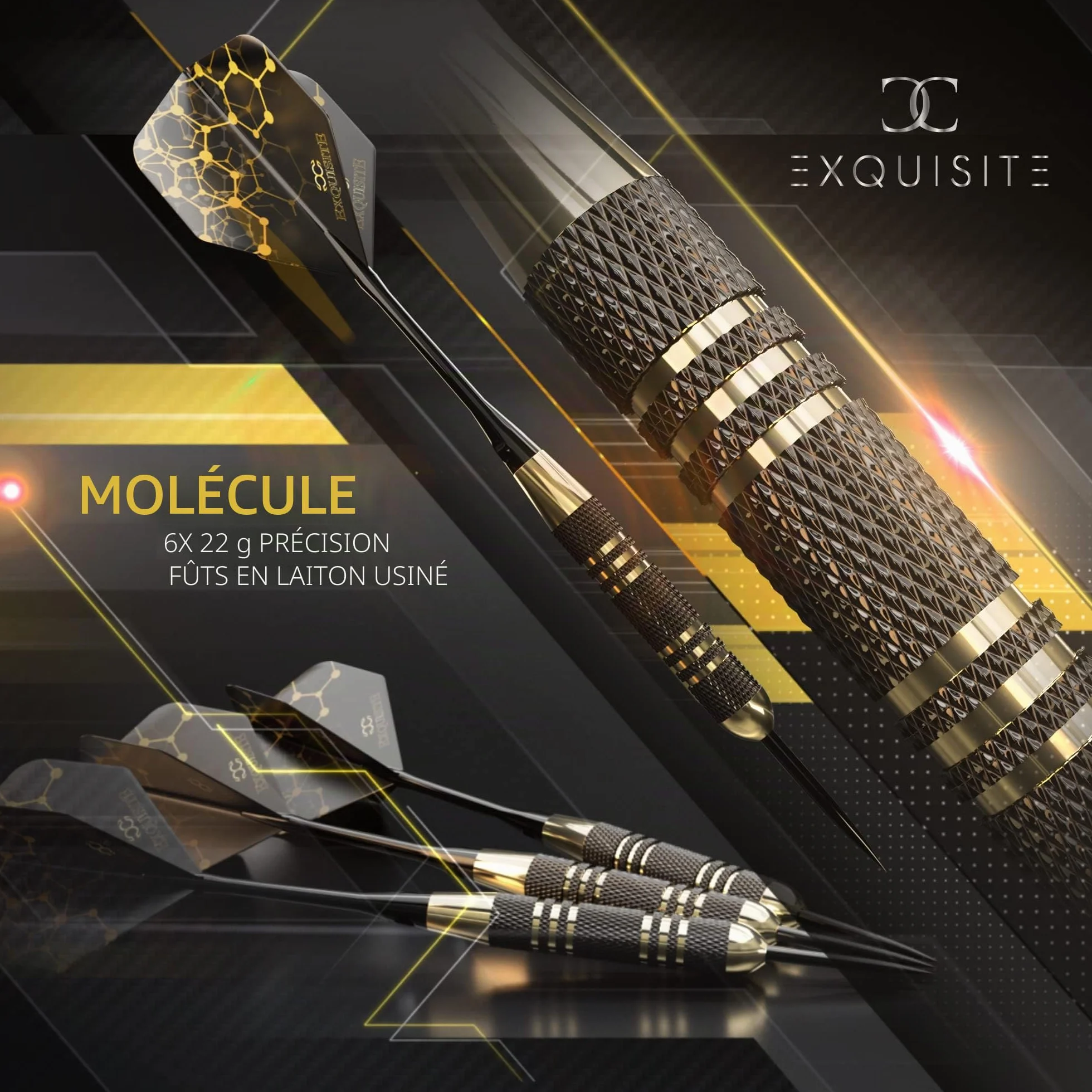 CC-Exquisite Professional Steel Tip Darts Set - 6 x 22g Brass Barrels with 12 Flights, 12 Aluminium Shafts, 12 O-Rings, Dart Sharpener & Case