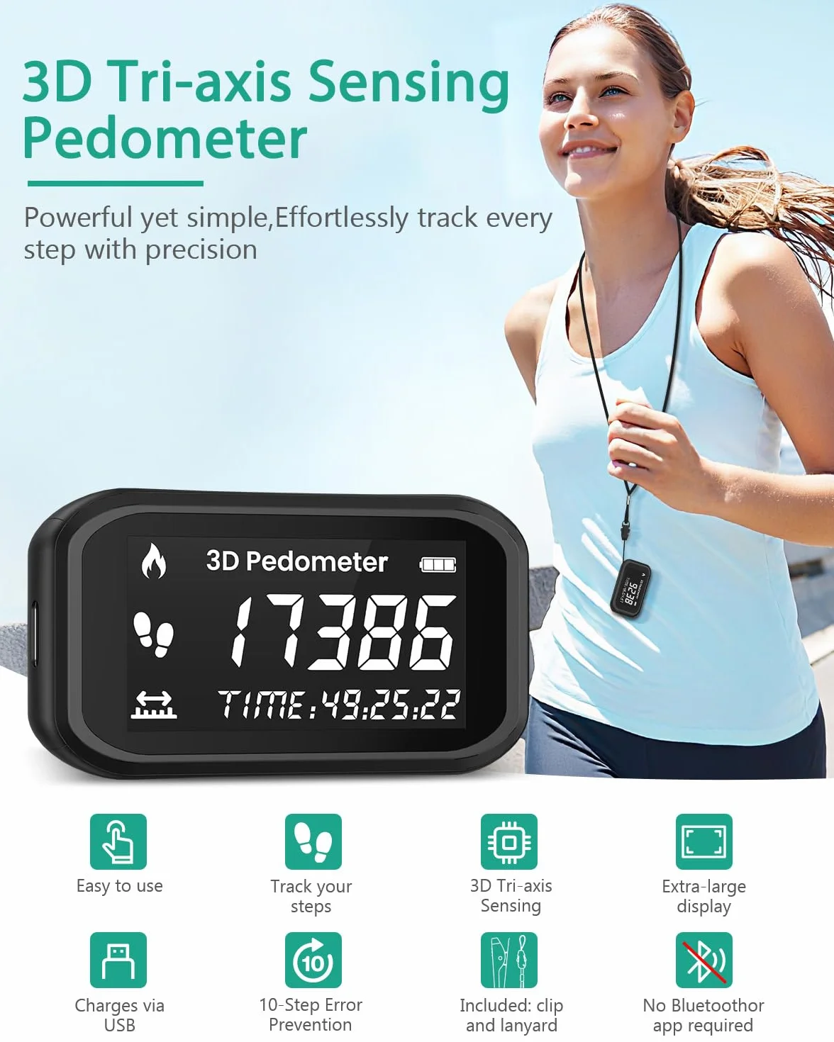 ORIA Podomètre 3D Compteur de Pas Précision étanche Rechargeable Compteur Calories Marche Course Sport Natation