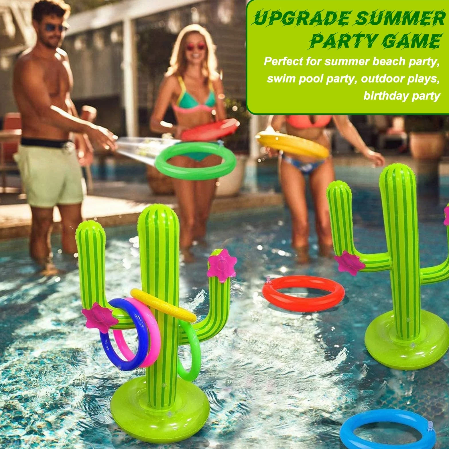 Jouet Gonflable Cactus Jeu de Lancer d'Anneaux 8 Pinces Piscine Exterieur Hawaii Party