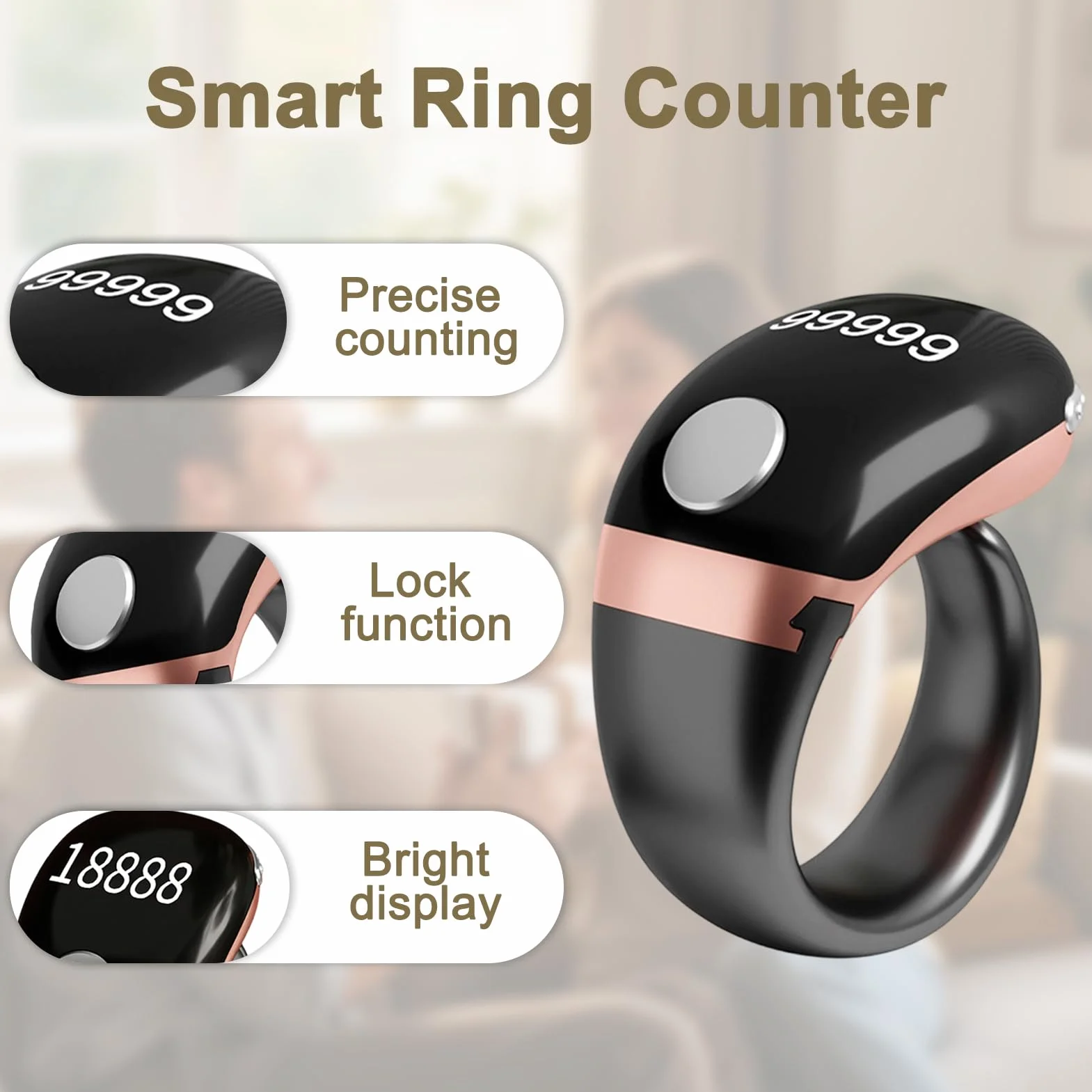 Compteur d'anneaux numérique LCD Tasbih Bagues électronique avec écran et contrôle facile (doré)