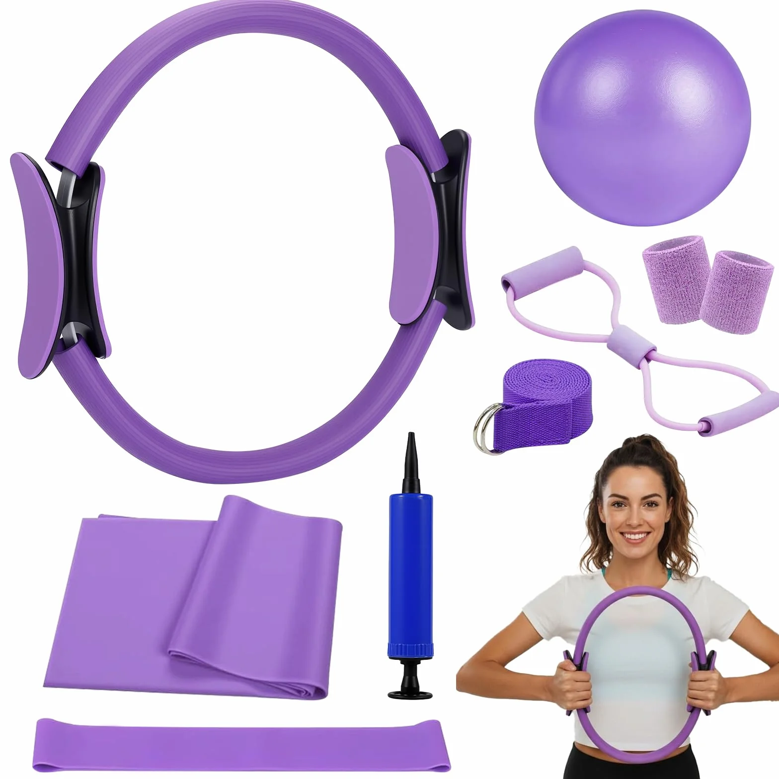 Kit Pilates Maison Femmes, Ensemble Pilates & Yoga Essentiel avec Anneau, Ballon, Bandes de Résistance