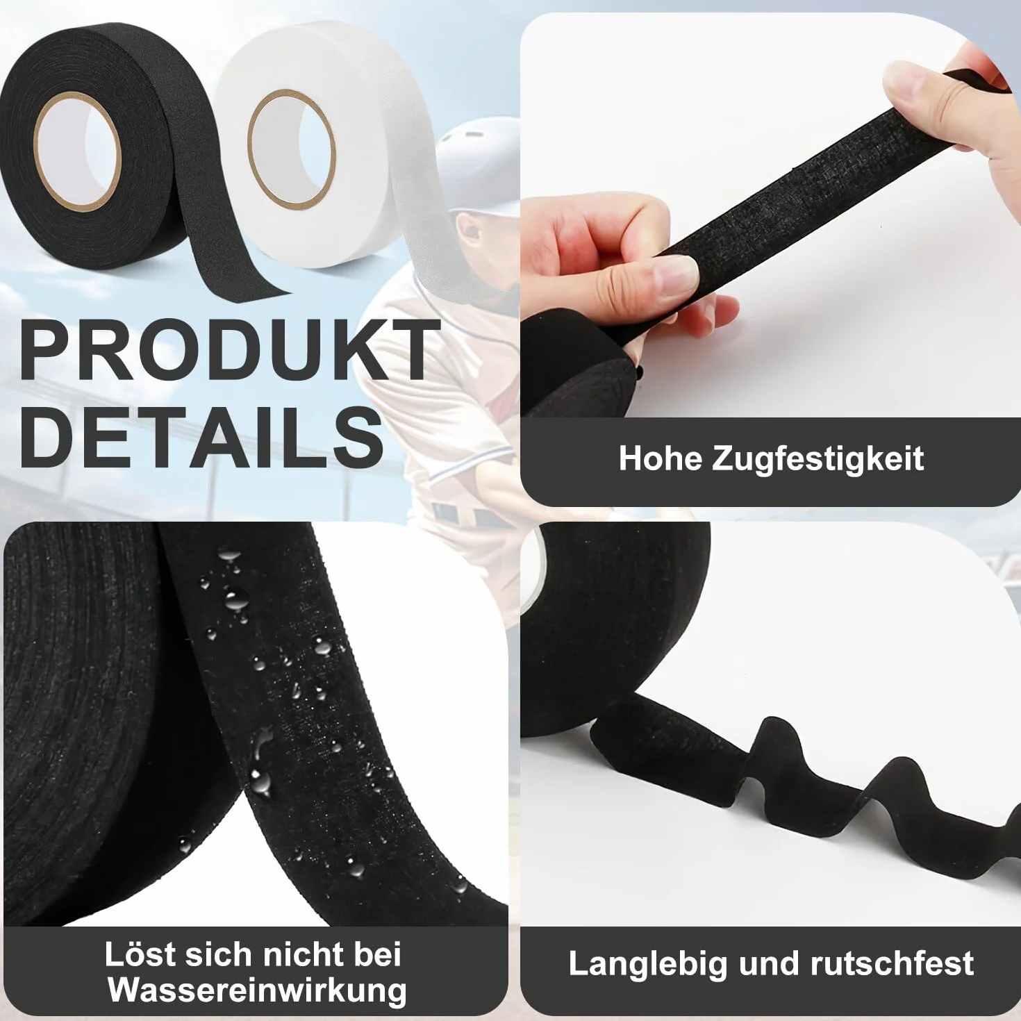 Ruban de Hockey Adhésif 2 Rouleaux 2,5cm x 25m Grip Tape Antidérapant pour Hockey sur Glace, Badminton, Raquette de Ping Pong