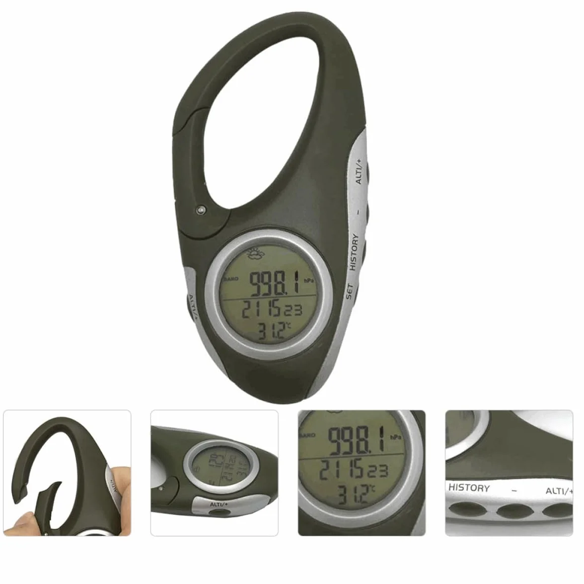 Altimètre Baromètre Thermomètre à Mousqueton Vert ABS Portable Mesure Pression Atmosphérique Altitude Randonnée