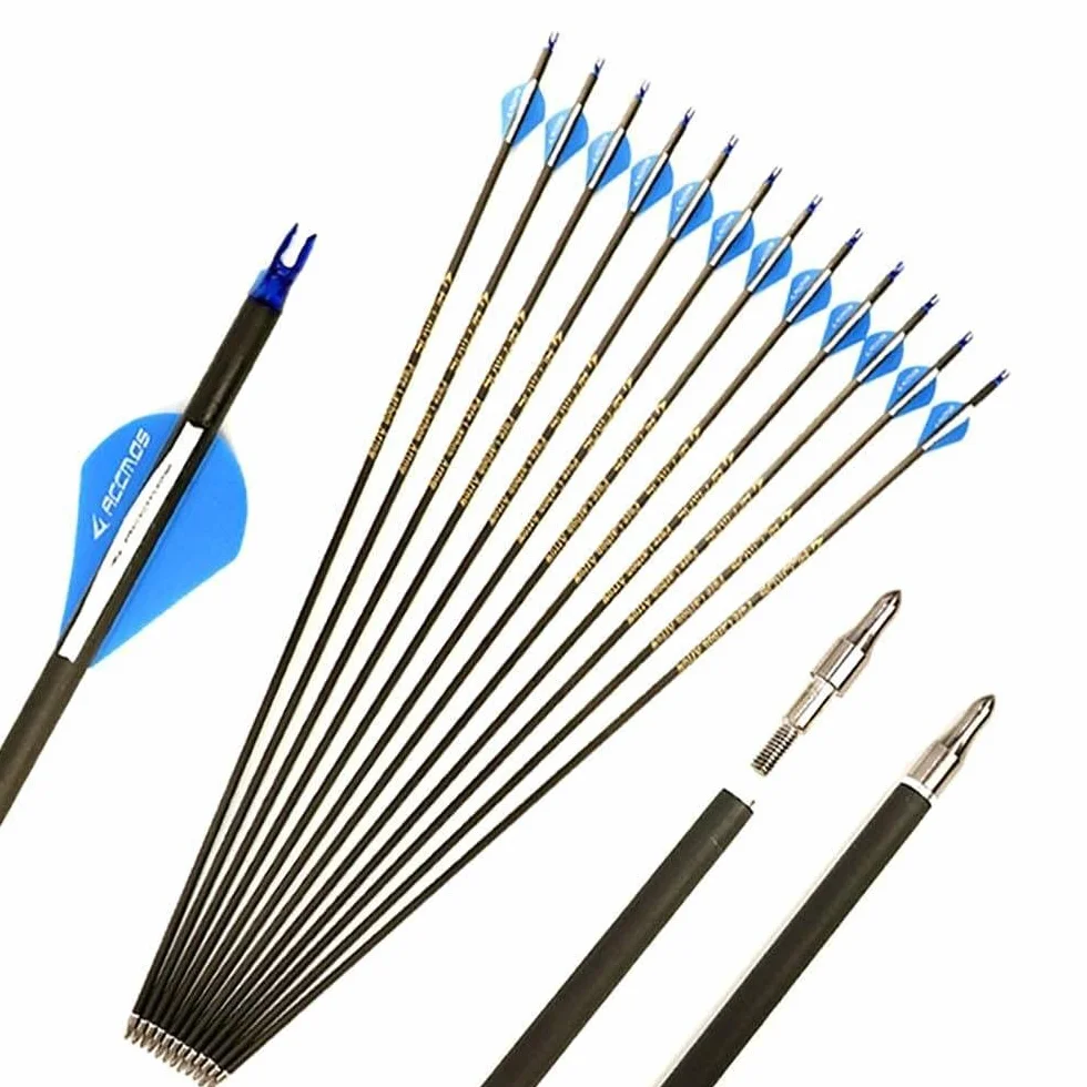 Flèches Carbone 28 Pouces 400 Spine 12pcs Bleu Tir à l’Arc Cible Chasse Arc à Poulies Recurve