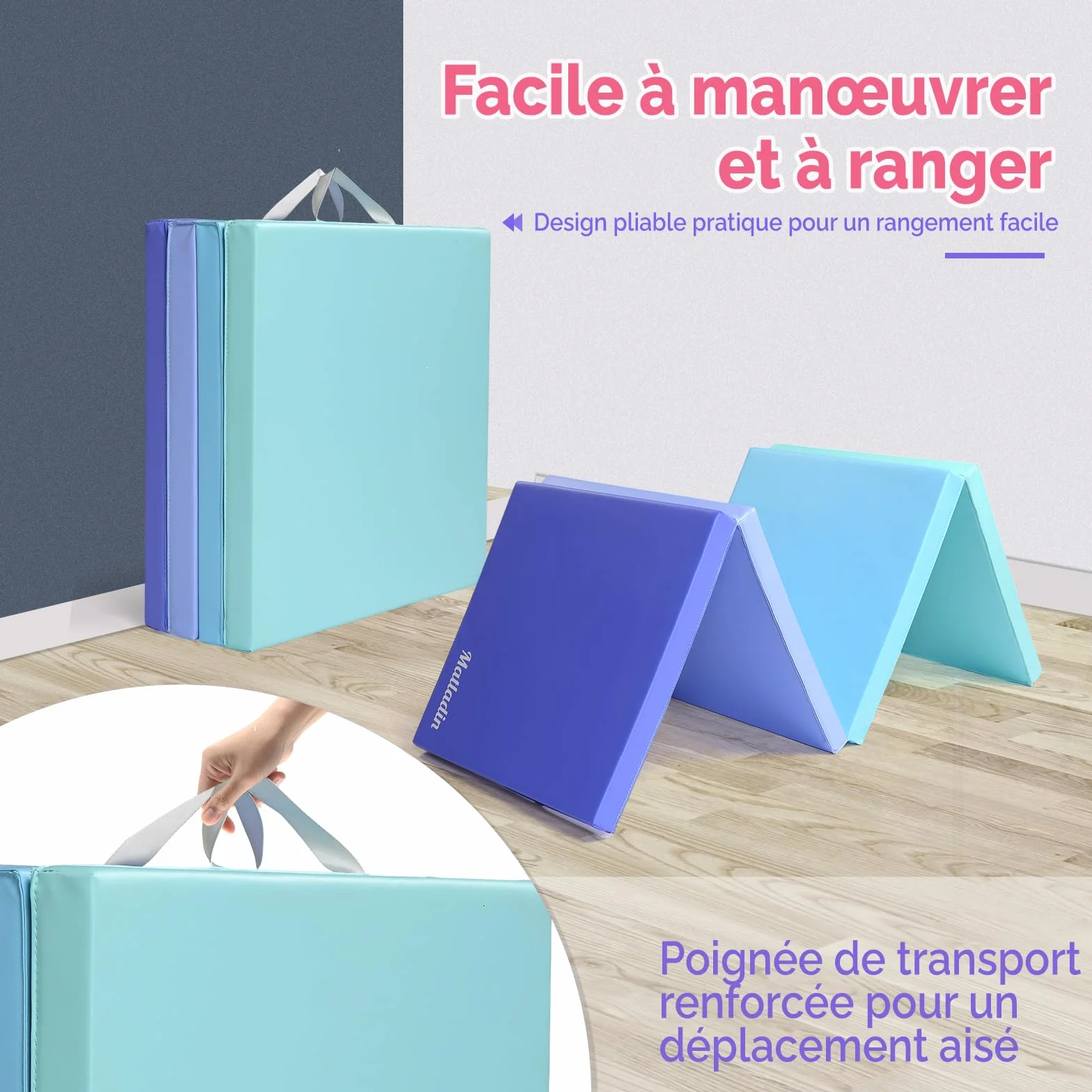 Bonnlo Tapis de Gymnastique Pliable, PU + EPE Épaissi, avec Poignée de Transport