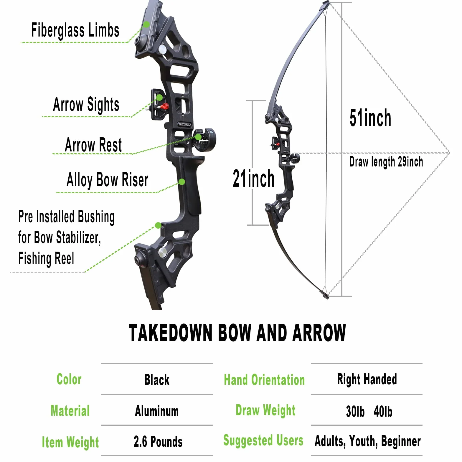 Tongtu Takedown Arc Classique 40 lbs Alliage d'aluminium Riser Kit Chasse Droitier