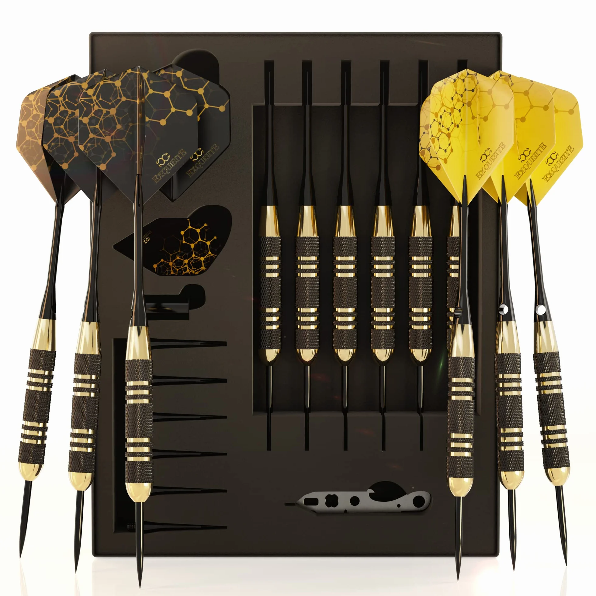 CC-Exquisite Professional Steel Tip Darts Set - 6 x 22g Brass Barrels with 12 Flights, 12 Aluminium Shafts, 12 O-Rings, Dart Sharpener & Case