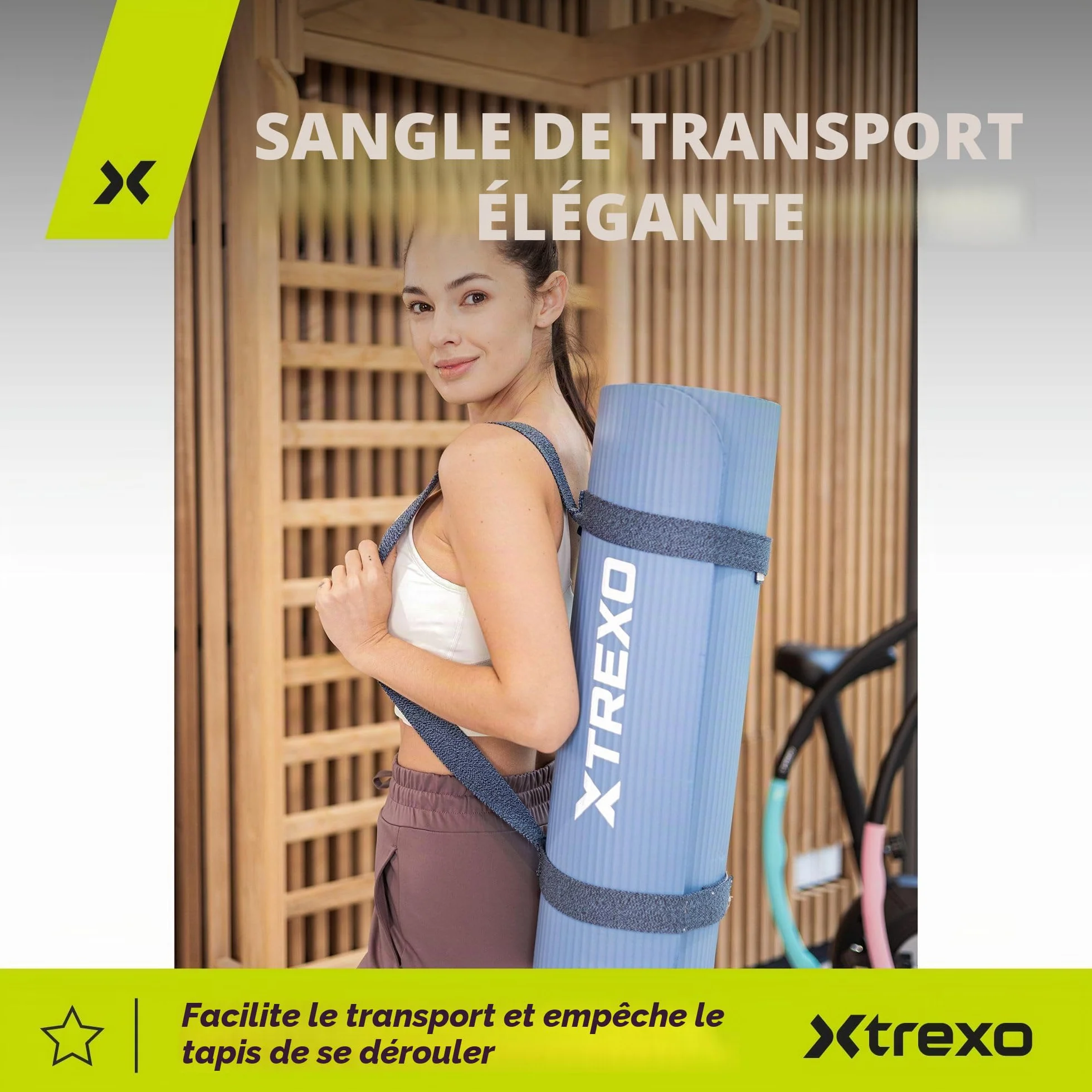 TREXO Tapis d'Exercice en NBR 183 x 61 cm 15 mm Épaisseur Antidérapant avec Sangle