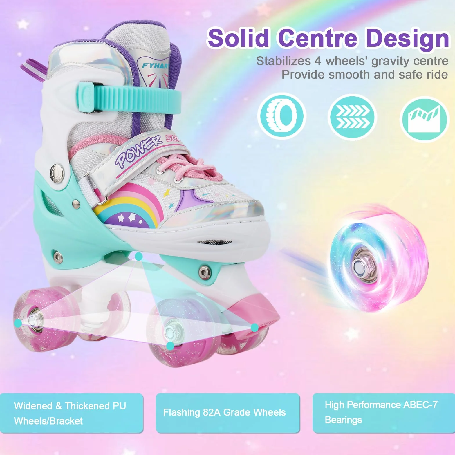 Patins à Roulettes Rainbow Filles Enfants Roues Lumineux Réglables Rollers Quad Débutants